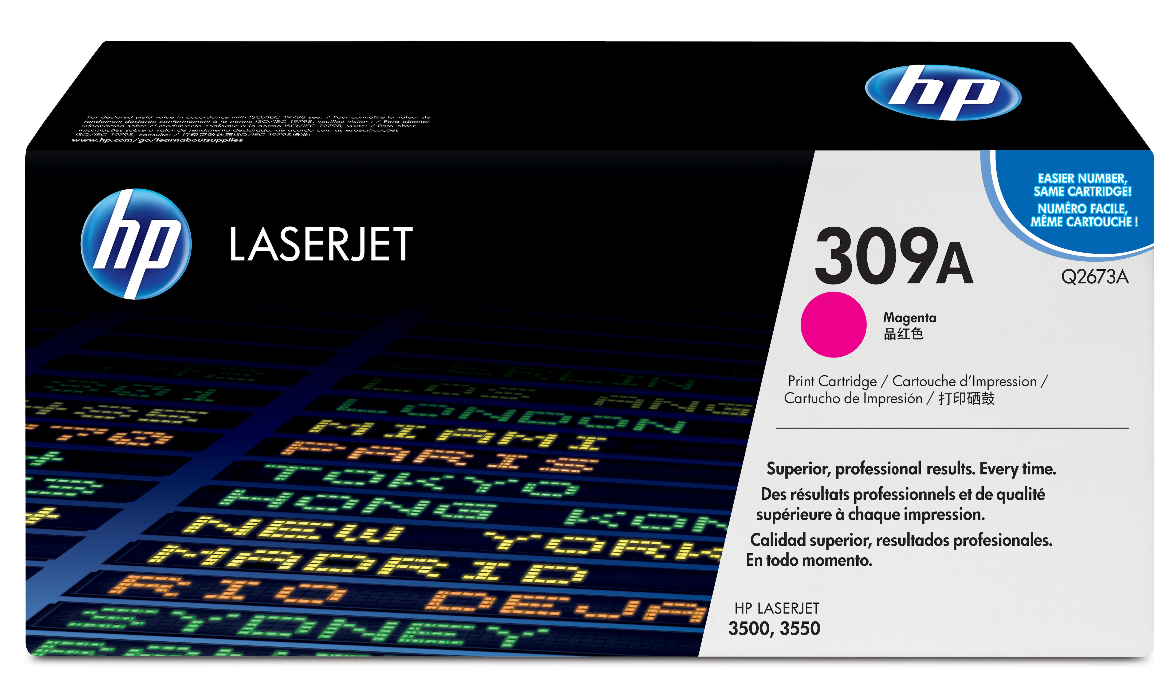 HP LaserJet 309A Magenta-Druckpatronenbox mit stilisiertem Hintergrund einer Flughafen-Abflugtafel.