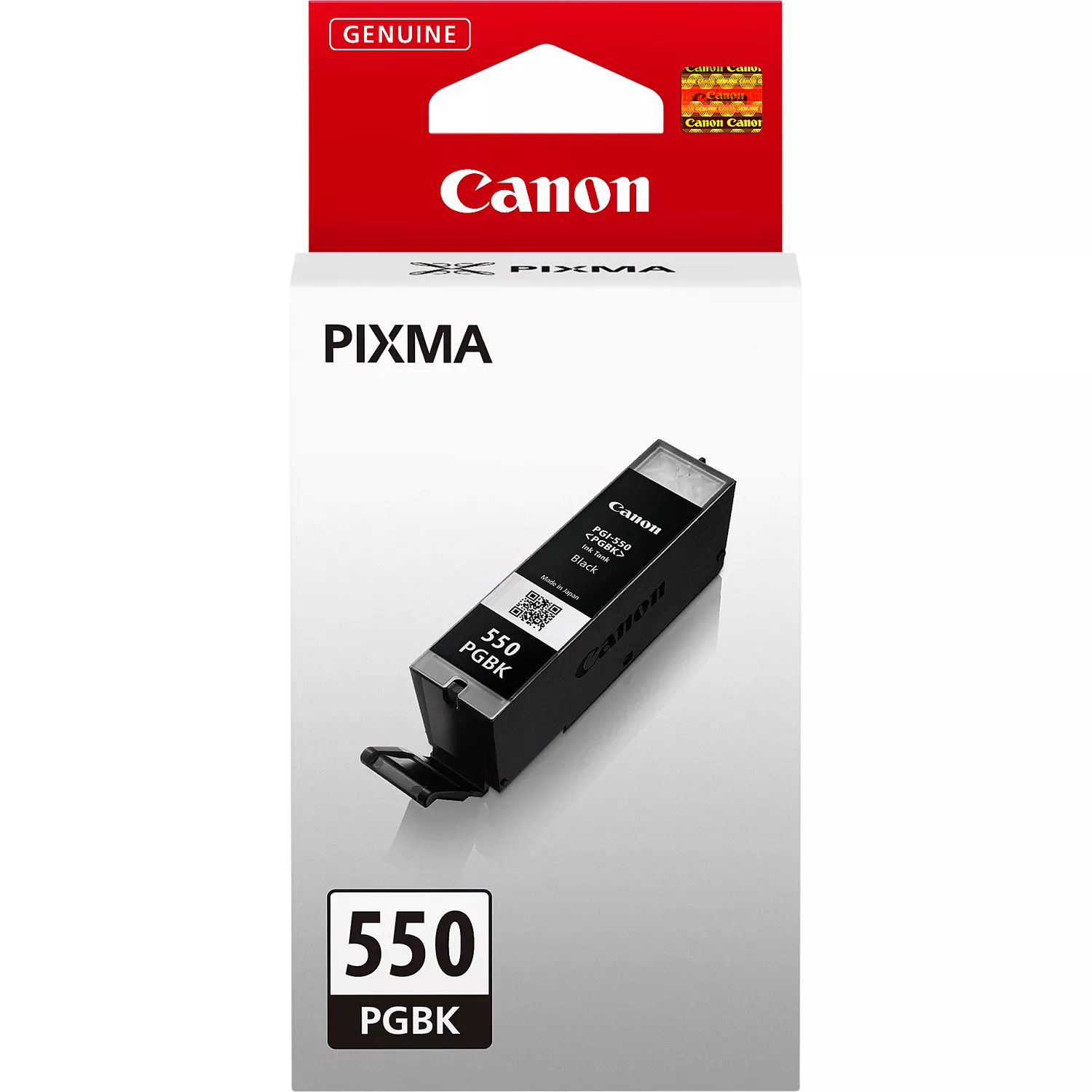 Canon Pixma 550 PGBK zwarte inktcartridge in een witte doos met rode bovenkant, en een zwarte inktcartridge.