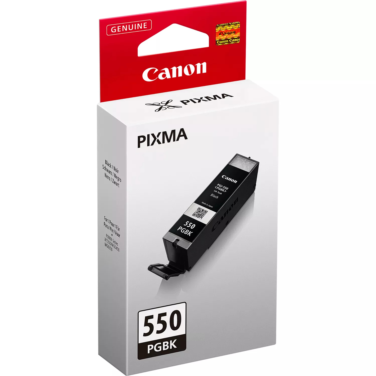Een Canon 550 PGBK zwarte inktcartridge bevindt zich in een witte en rode doos. De doos heeft de Canon- en PIXMA-logo's.