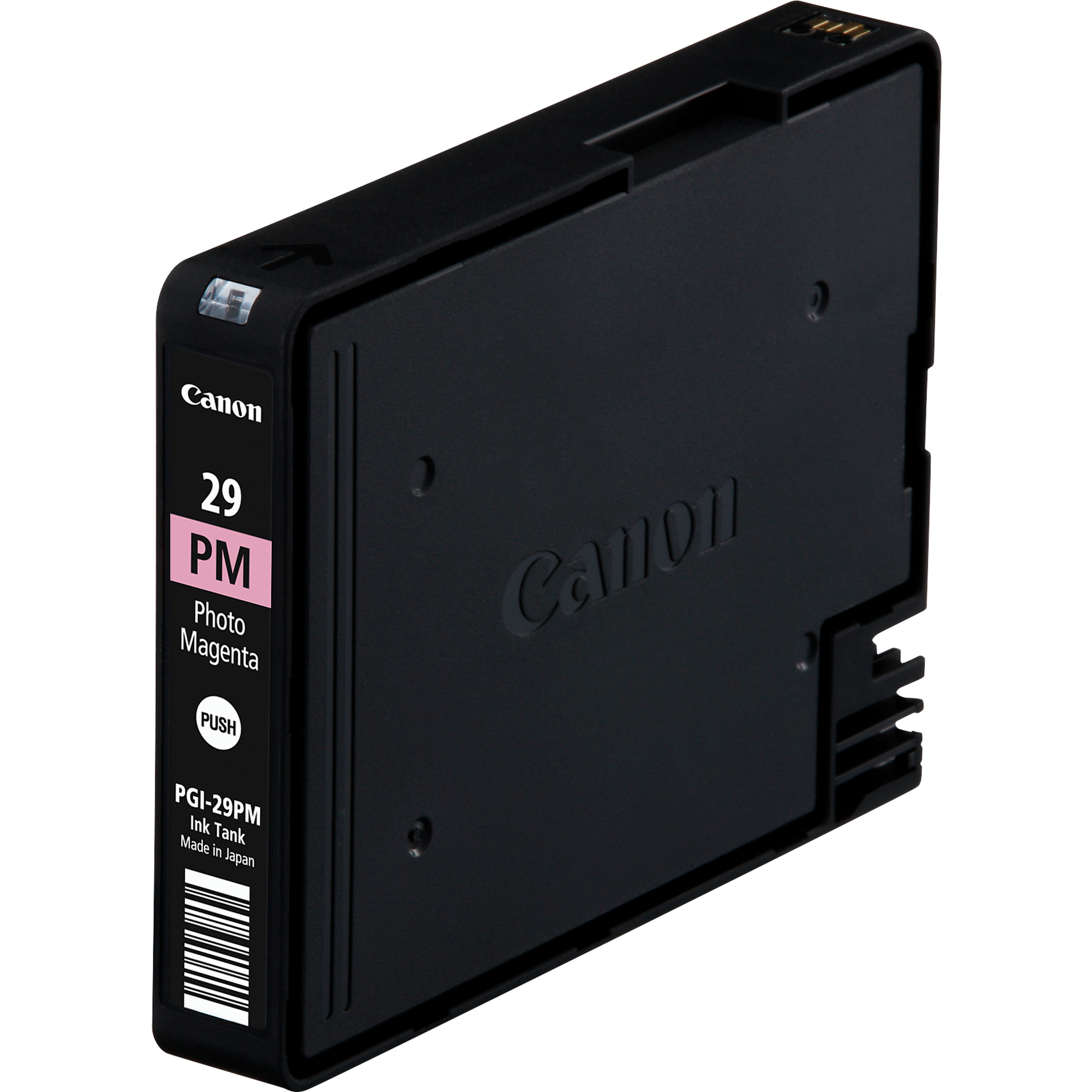 Een Canon PGI-29PM inktcartridge. Zwart plastic met magenta label. Het Canon-logo is zichtbaar.