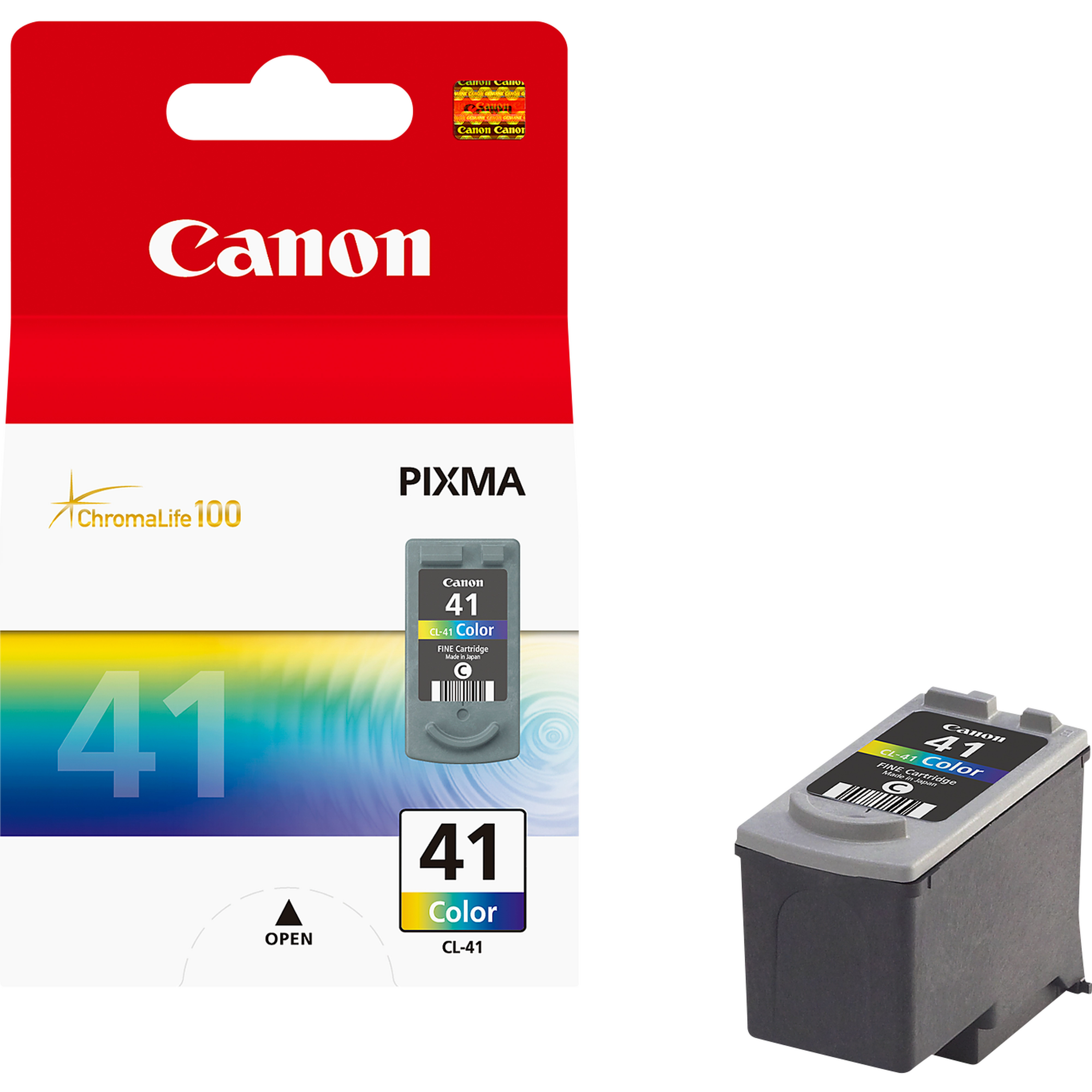 De Canon CL-41 kleur cartridge box en cartridge worden getoond. De doos is voornamelijk rood, met gele en blauwe accenten.