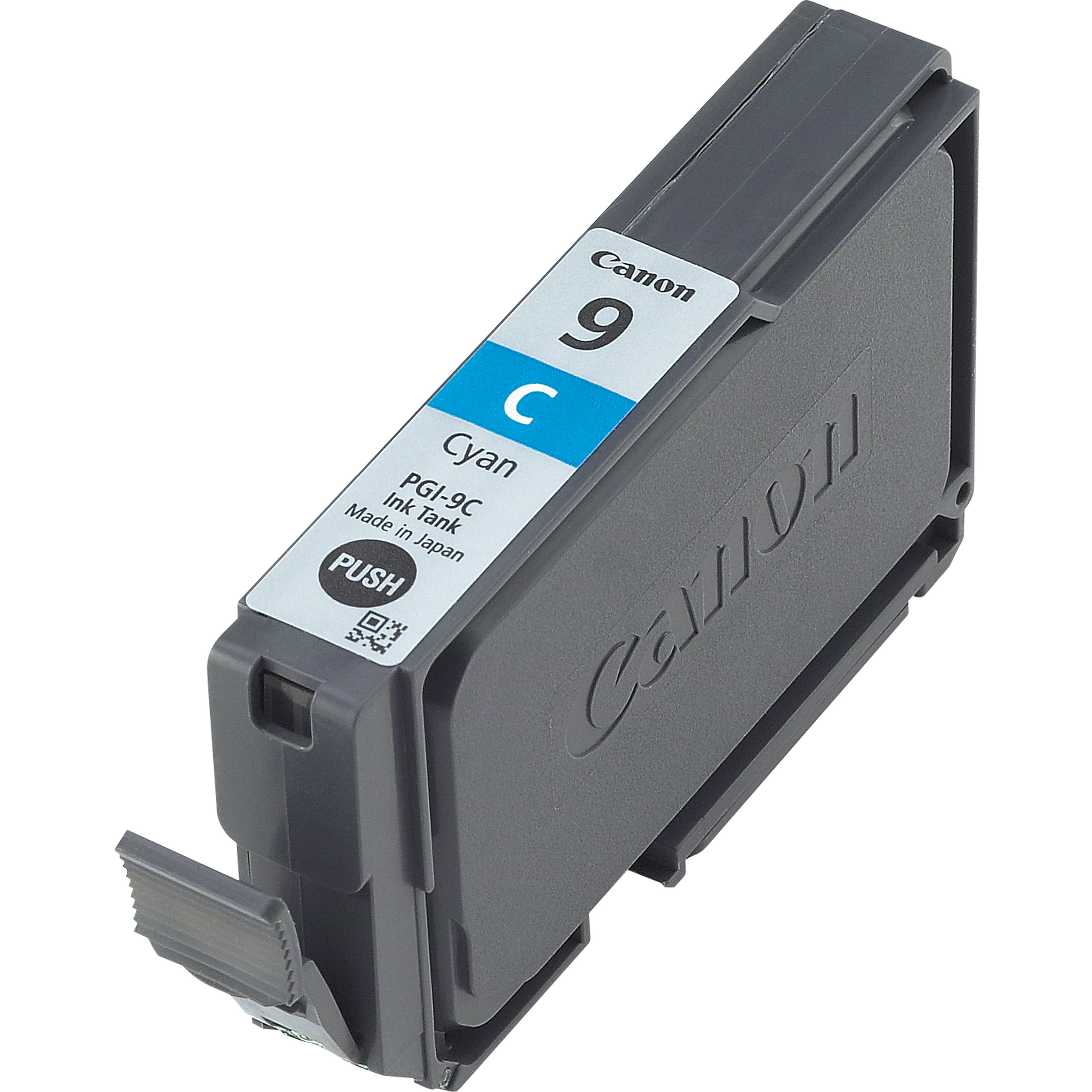 Eine Canon 9 C Cyan-Tintenpatrone wird schräg angezeigt, um das Etikett und die Designdetails zu zeigen.