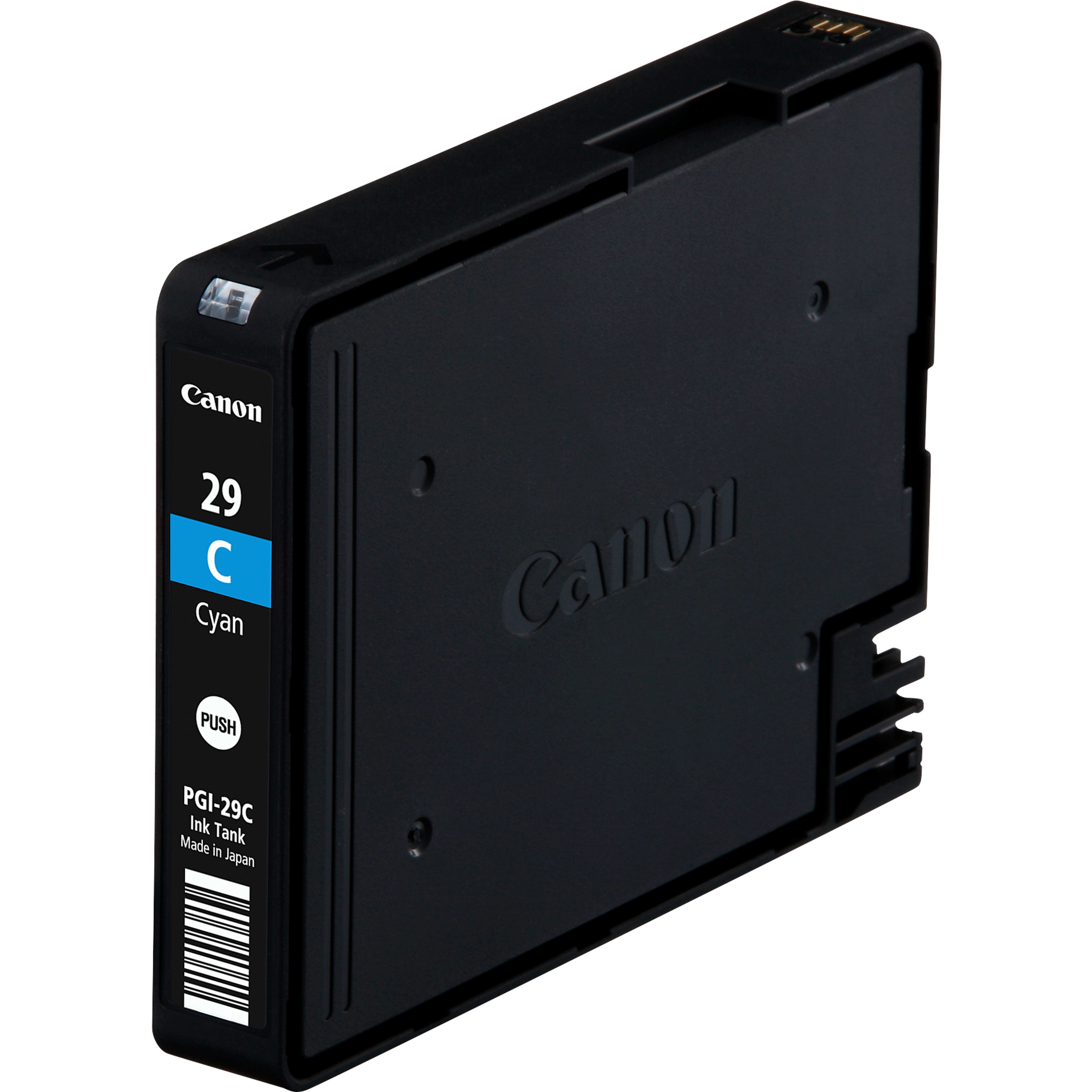 Een Canon PGI-29C cyaan inktcartridge. Zwart plastic met 'Canon', '29 C Cyan' en een barcode.