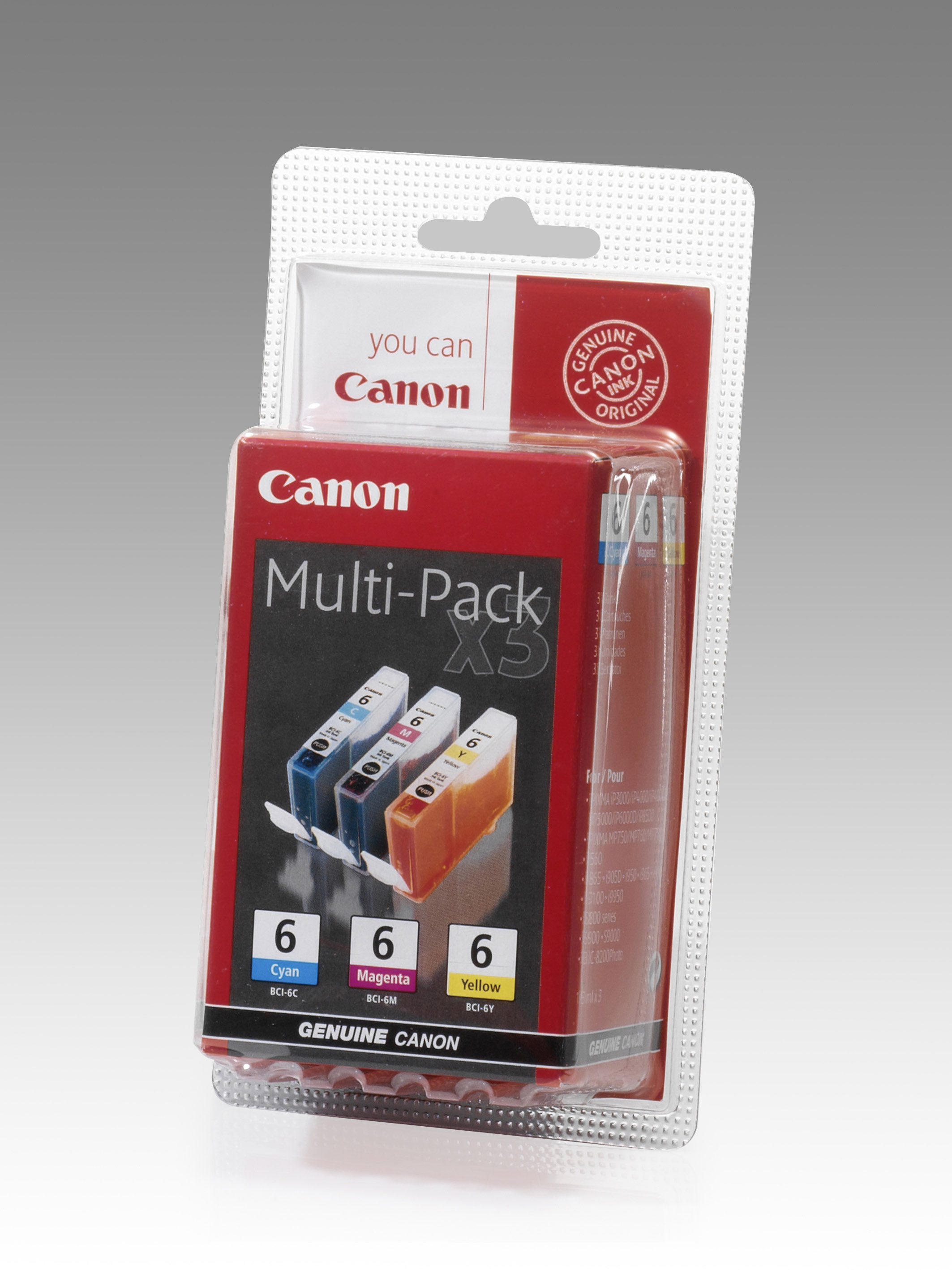 Canon Multi-Pack X5 Tintenpatronenpackung mit cyan-, magenta- und gelben Tintenpatronen.