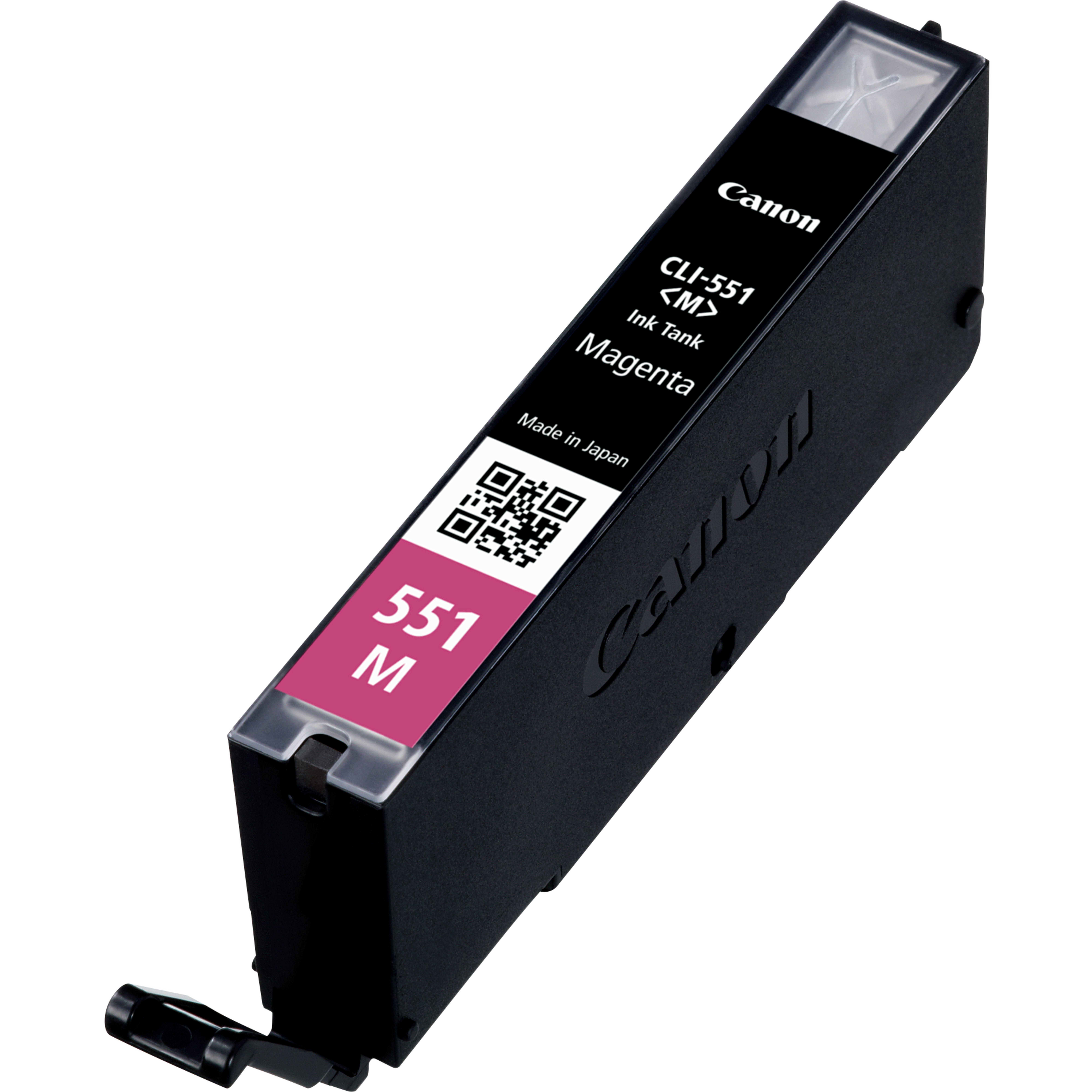 Canon CLI-551 mürekkep kartuşu, macenta rengi. Metin etiketleri ve bir QR kodu var. Arka plan beyaz.
