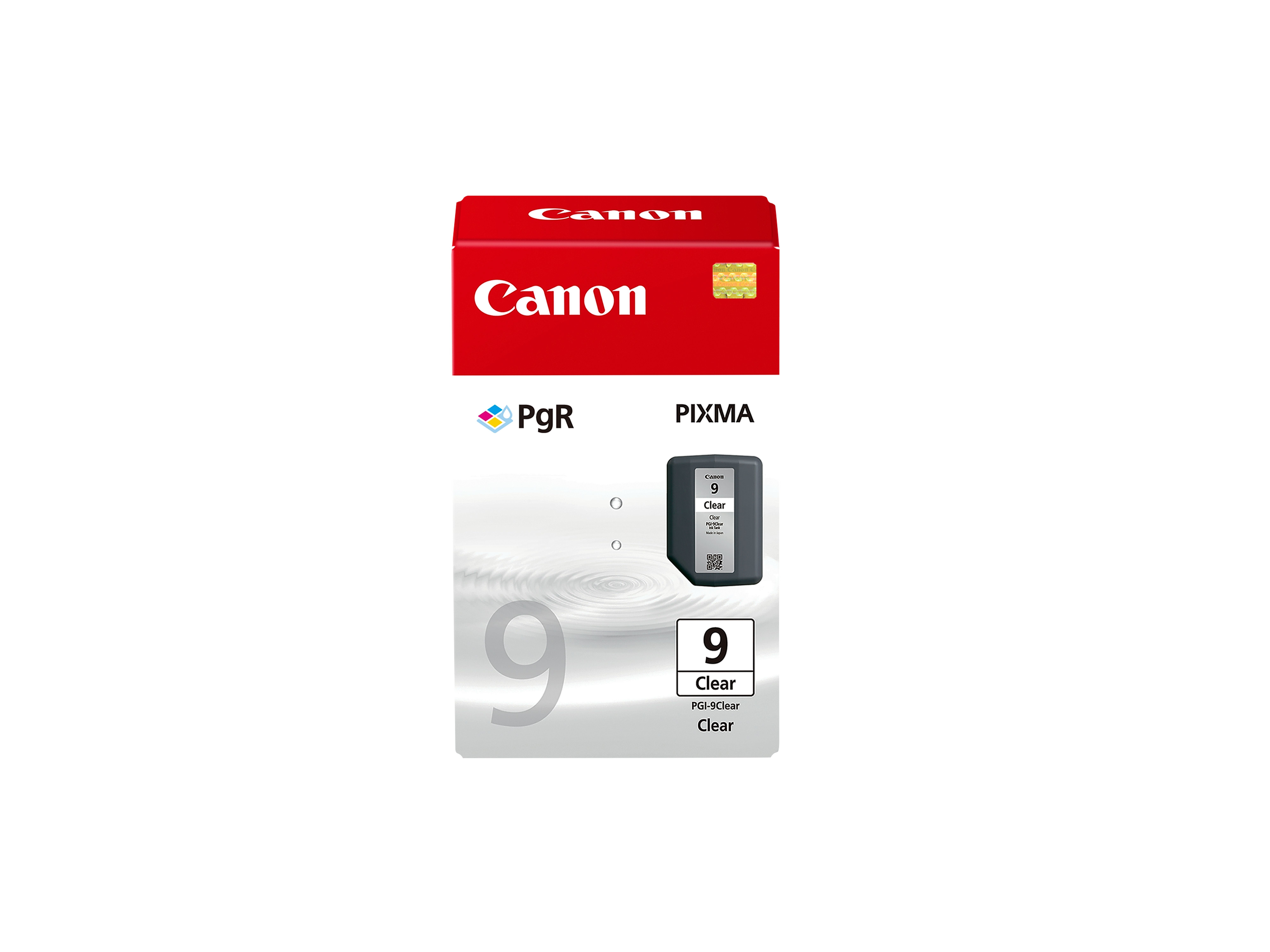 L'immagine mostra una cartuccia d'inchiostro trasparente Canon PIXMA 9 all'interno della sua confezione, su uno sfondo bianco.