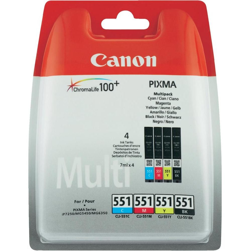 Una confezione di inchiostro per stampanti Canon. Mostra i diversi colori di inchiostro disponibili in un multi-pack.