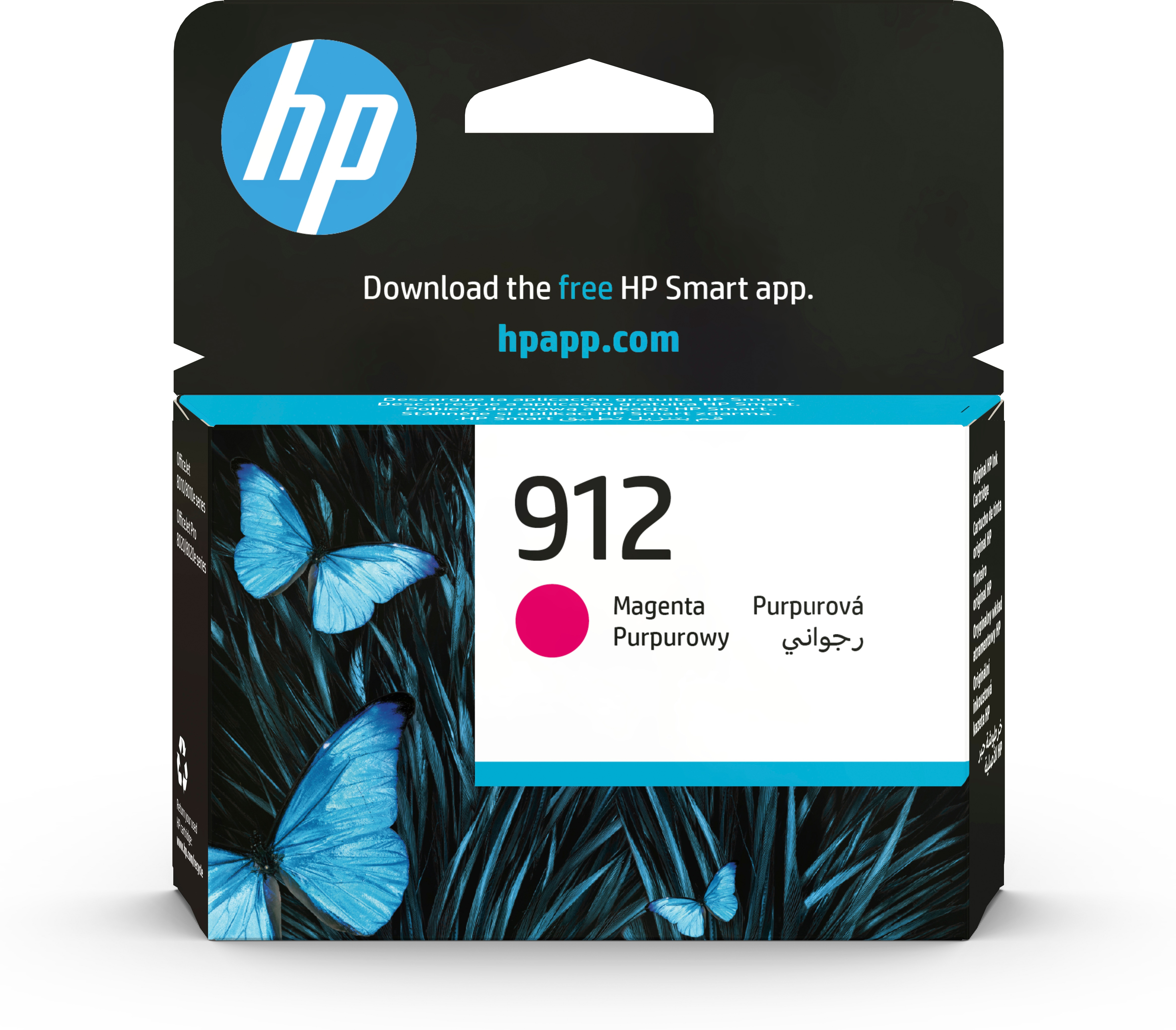La confezione della cartuccia d'inchiostro magenta HP 912 presenta farfalle ed erba. La confezione è principalmente nera e rosa.