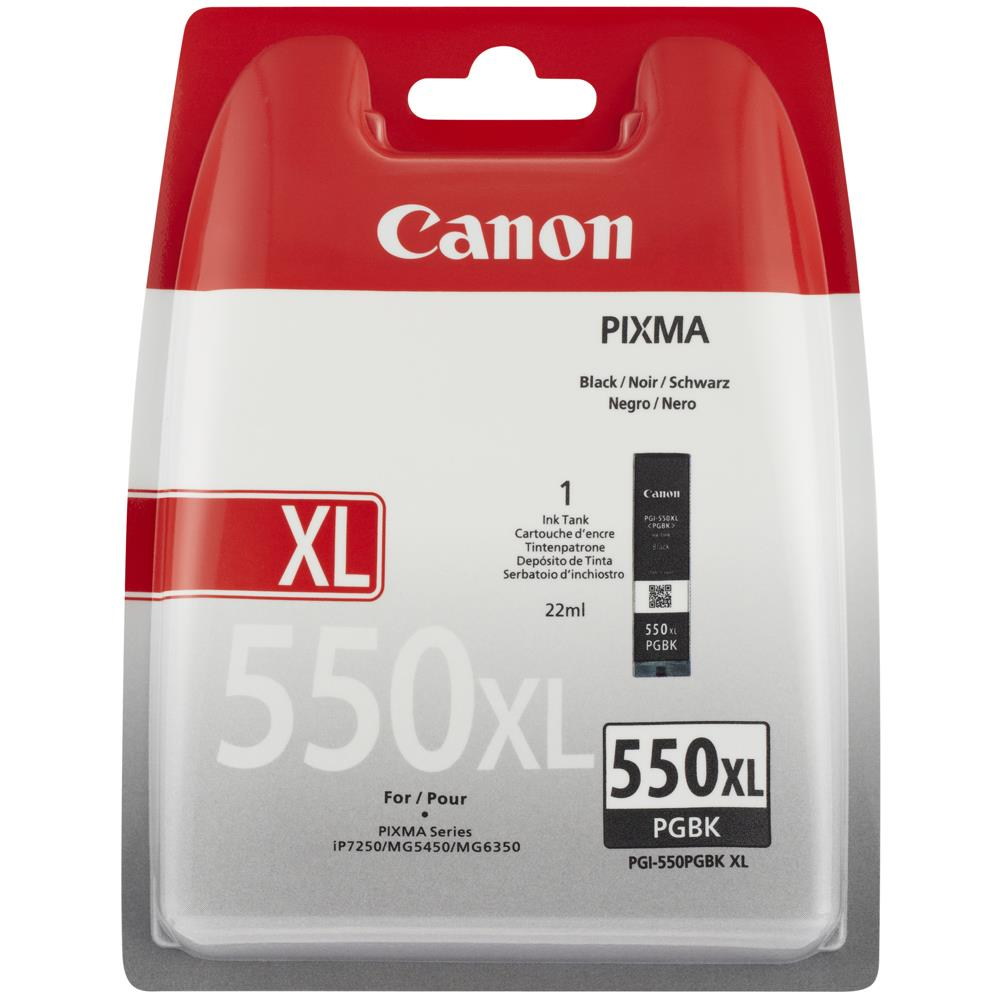 Canon inktcartridge verpakking. Grijs, rood en wit. Toont '550XL PGBK'.