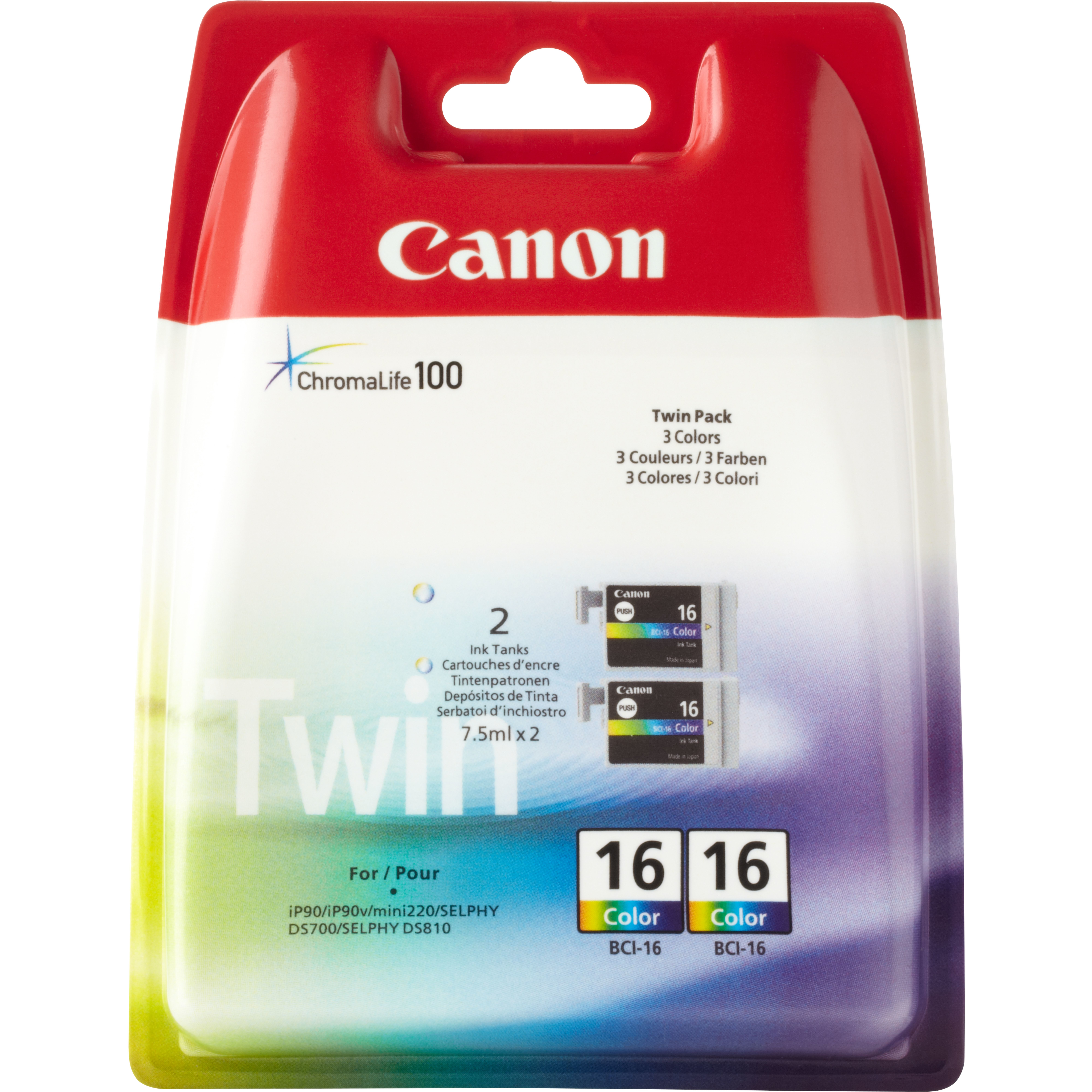 Canon Tintenpatrone. Doppelpack. Rote und weiße Verpackung. Zeigt '16 Color'.