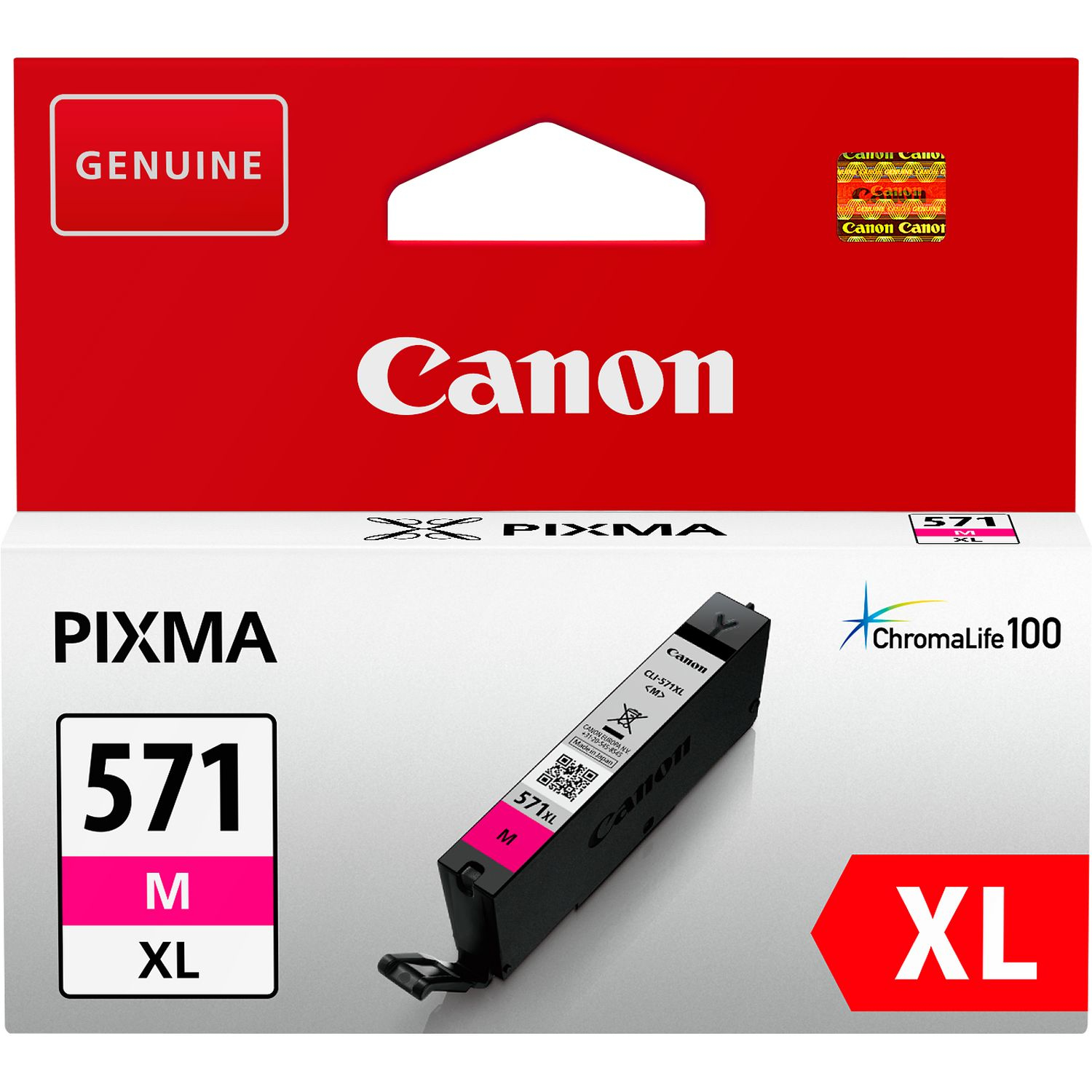 Confezione cartuccia inchiostro Canon. Cartuccia 'M' rosa. Confezione rossa e bianca.