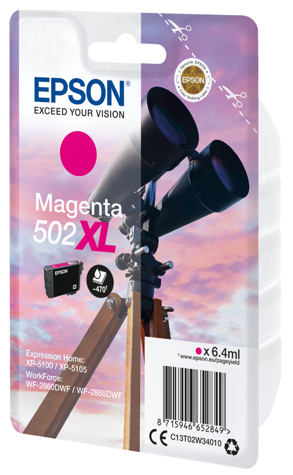 Wkład atramentowy Epson Magenta. Zawiera obraz teleskopu i różowe opakowanie.