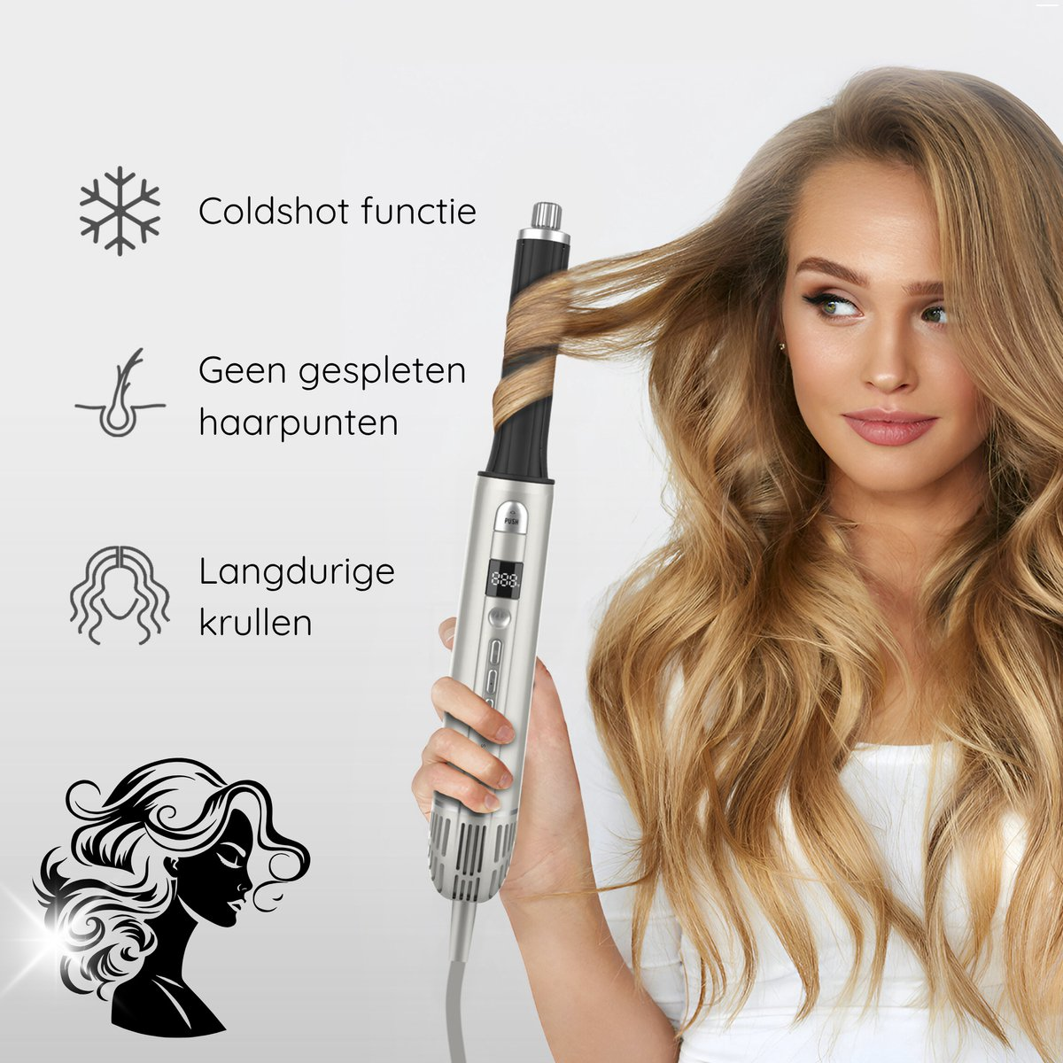Vrouw met lang haar gebruikt een haarstylingtool. Iconen tonen coldshot, geen gespleten punten en langdurige krullen, en een merkbeeld.