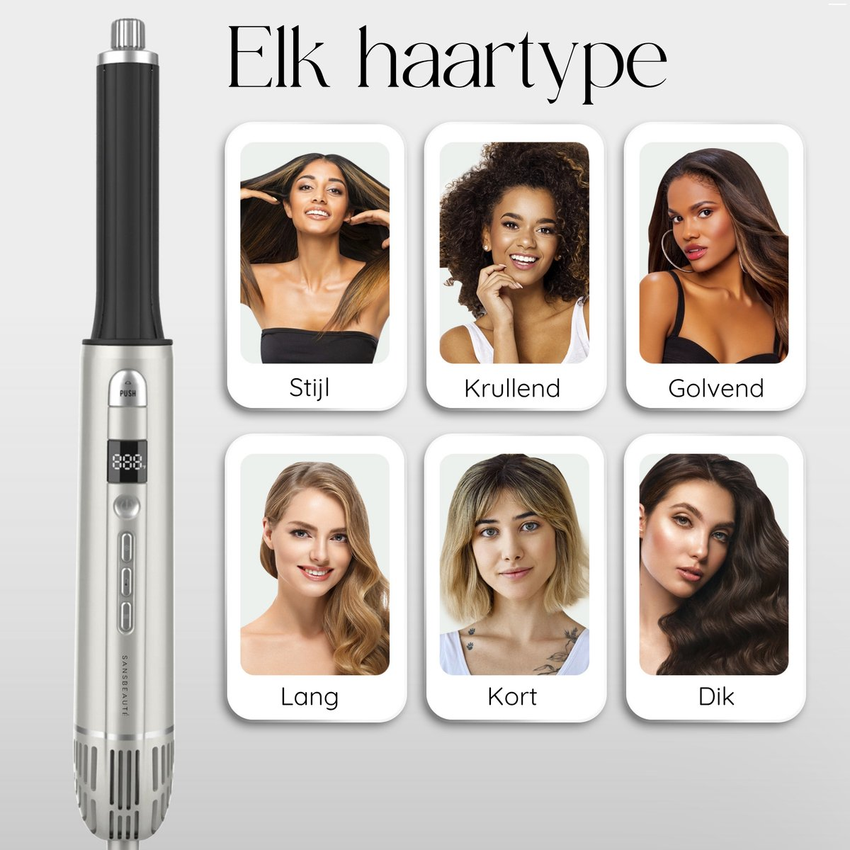 Afbeelding toont een haarstylingtool met voorbeelden van verschillende haartypes: steil, krullend, golvend, lang, kort en dik.