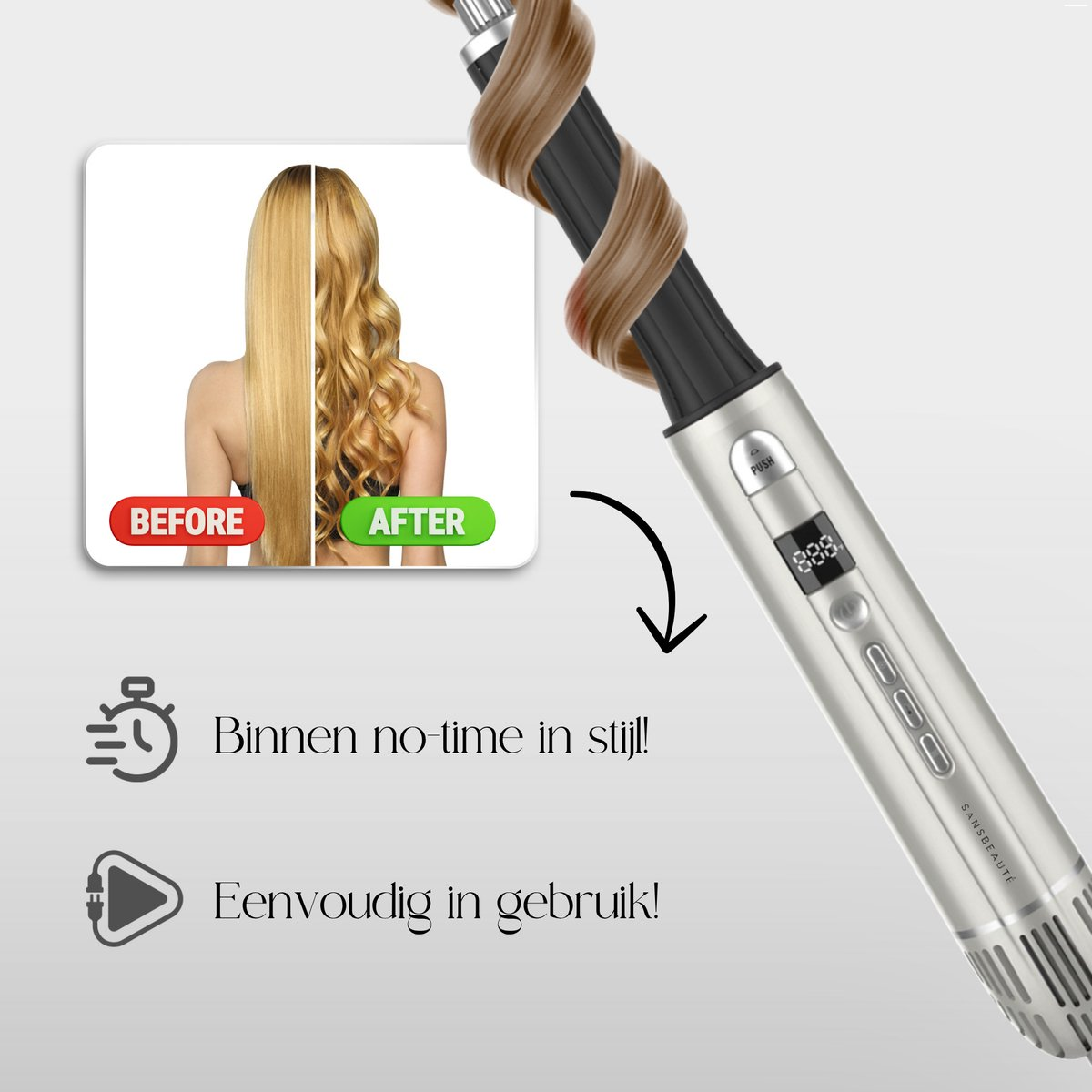 Afbeelding toont een haarstylingtool met een voor-na vergelijking van haarstyling. Tekst geeft snel stylen en gebruiksgemak aan.