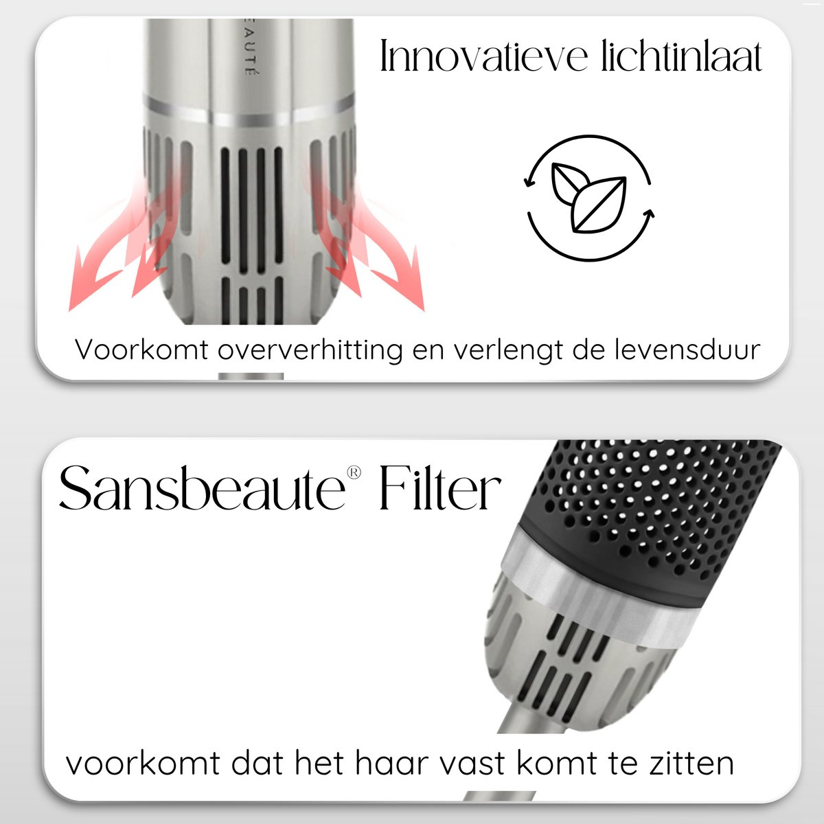 Afbeelding toont een haarstylingtool met tekst over oververhittingspreventie en filterfuncties. Pijlen geven de luchtstroom aan.
