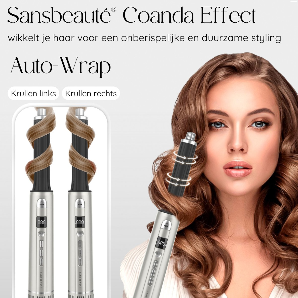 Afbeelding toont twee haarstylingtools die krullen creëren. Het gezicht van een vrouw is zichtbaar. Tekst vermeldt het Coanda-effect en Auto-Wrap.