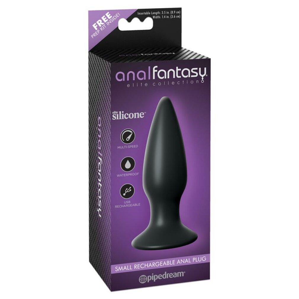 Eine Produktbox für einen Analplug, mit dem Produkt und Branding: anal fantasy elite collection silicone USB wiederaufladbar.