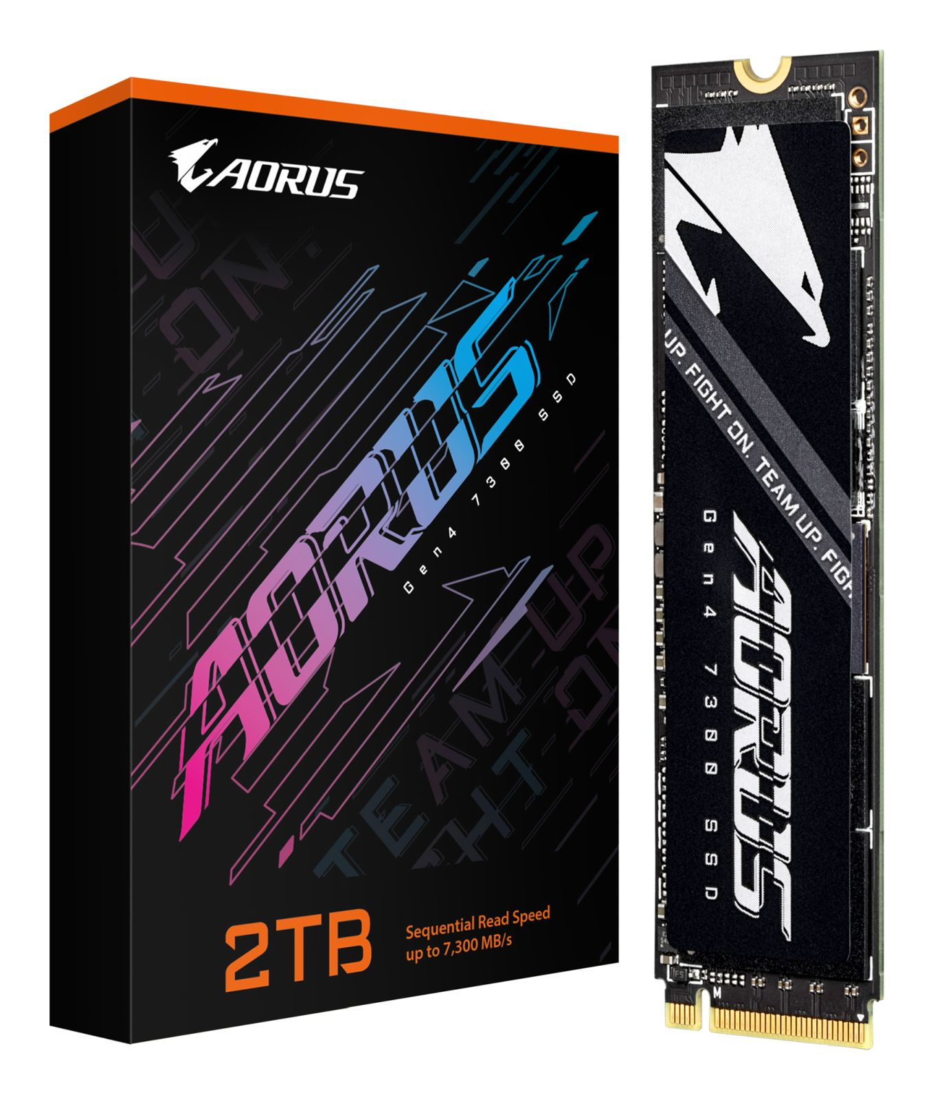 Sono mostrati un SSD AORUS e la sua scatola. La scatola è nera con testo rosa e blu. L'SSD è nero con testo bianco.