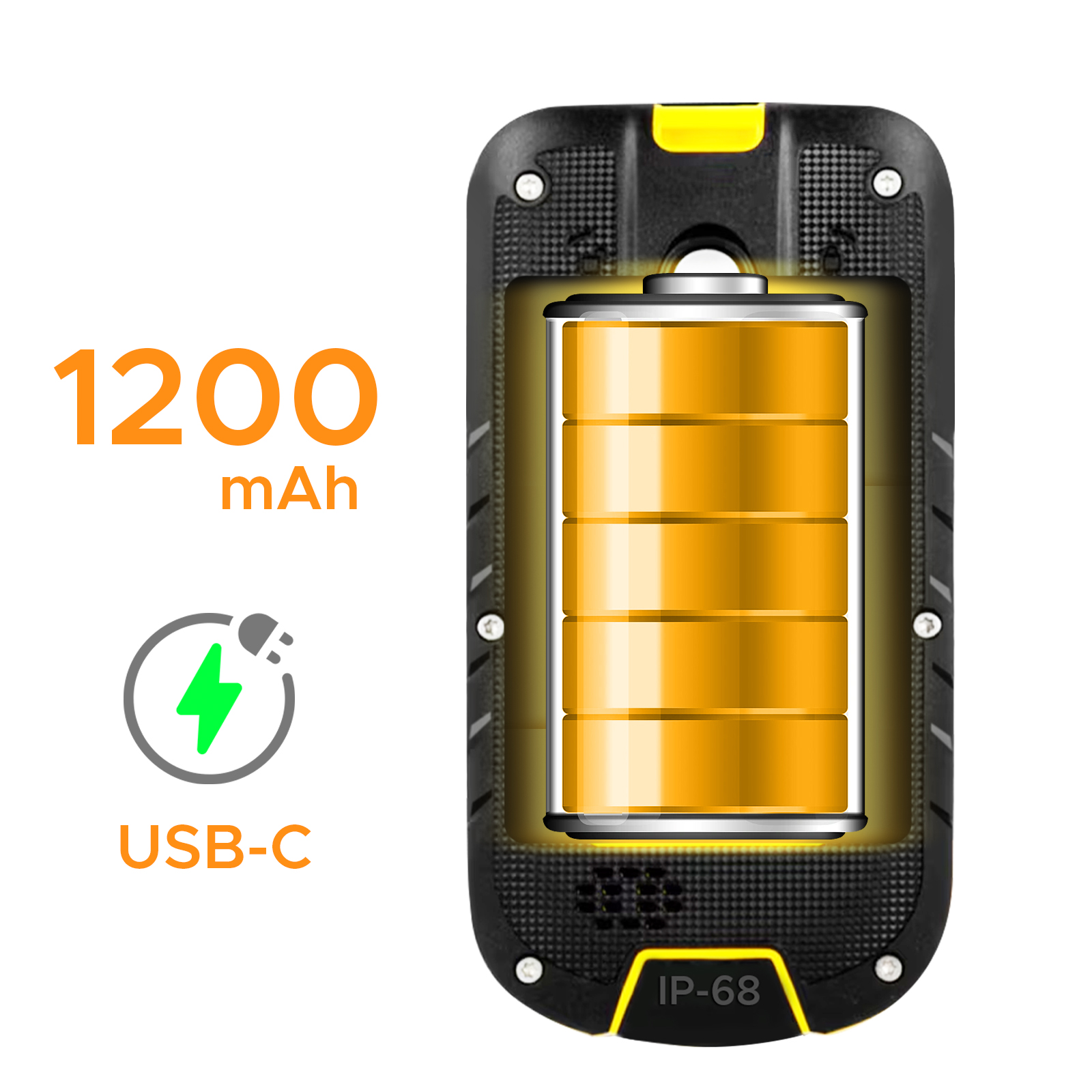 Czarny i żółty telefon z ikoną baterii i tekstem '1200 mAh', wraz z portem USB-C.