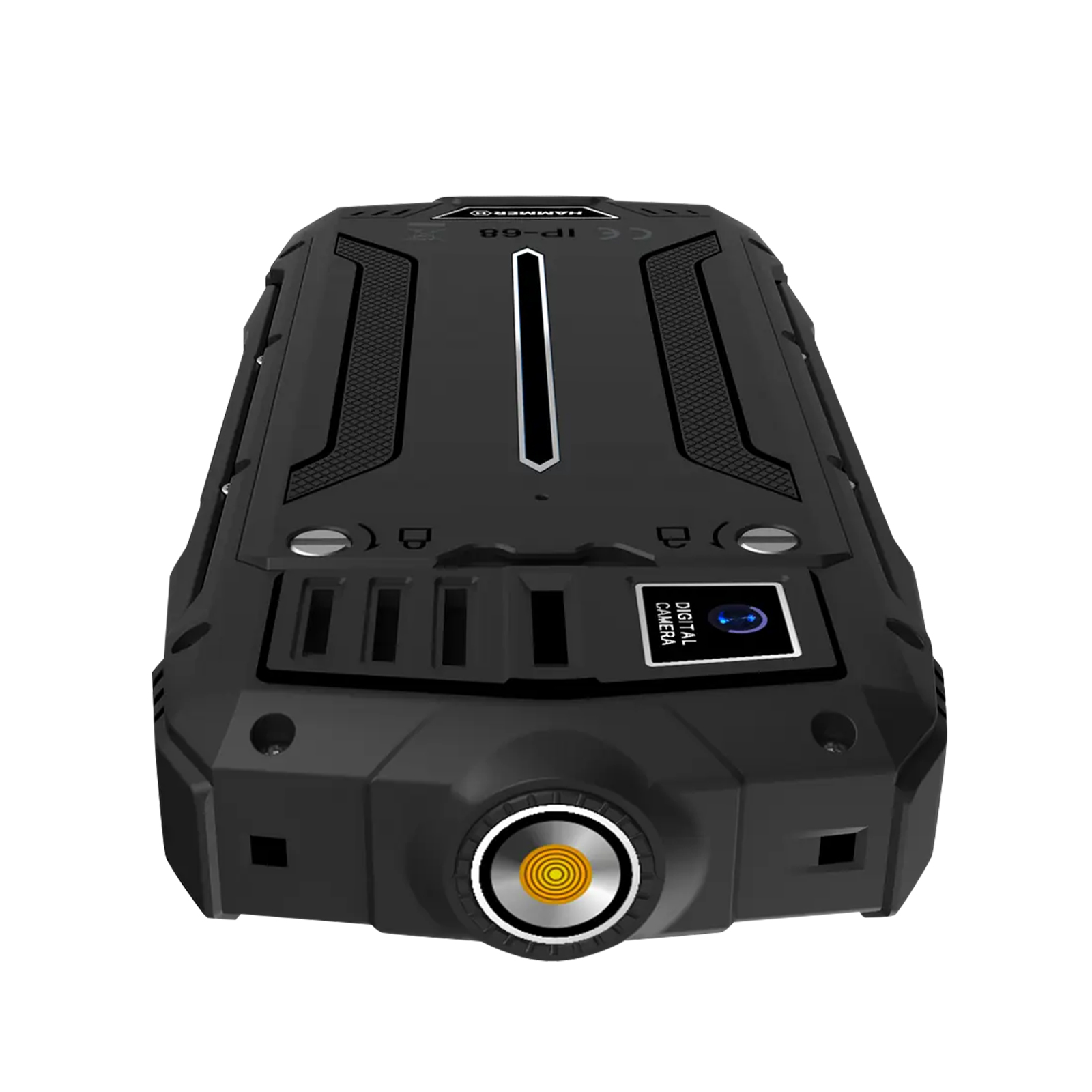 Czarny, wytrzymały telefon z obiektywem aparatu i tekstem 'DIGITAL CAMERA'. Telefon jest na białym tle.