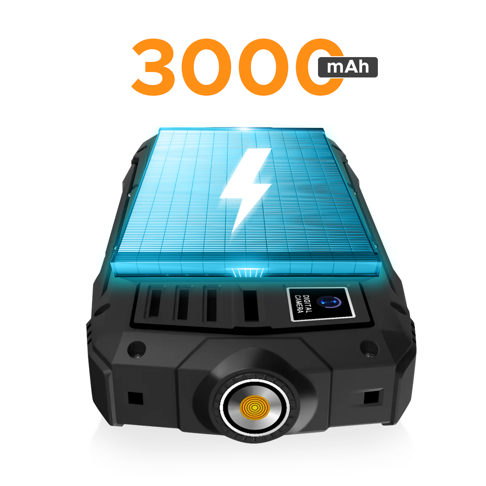 Czarny telefon z ikoną baterii i tekstem '3000 mAh'. Na ekranie znajduje się grafika błyskawicy.