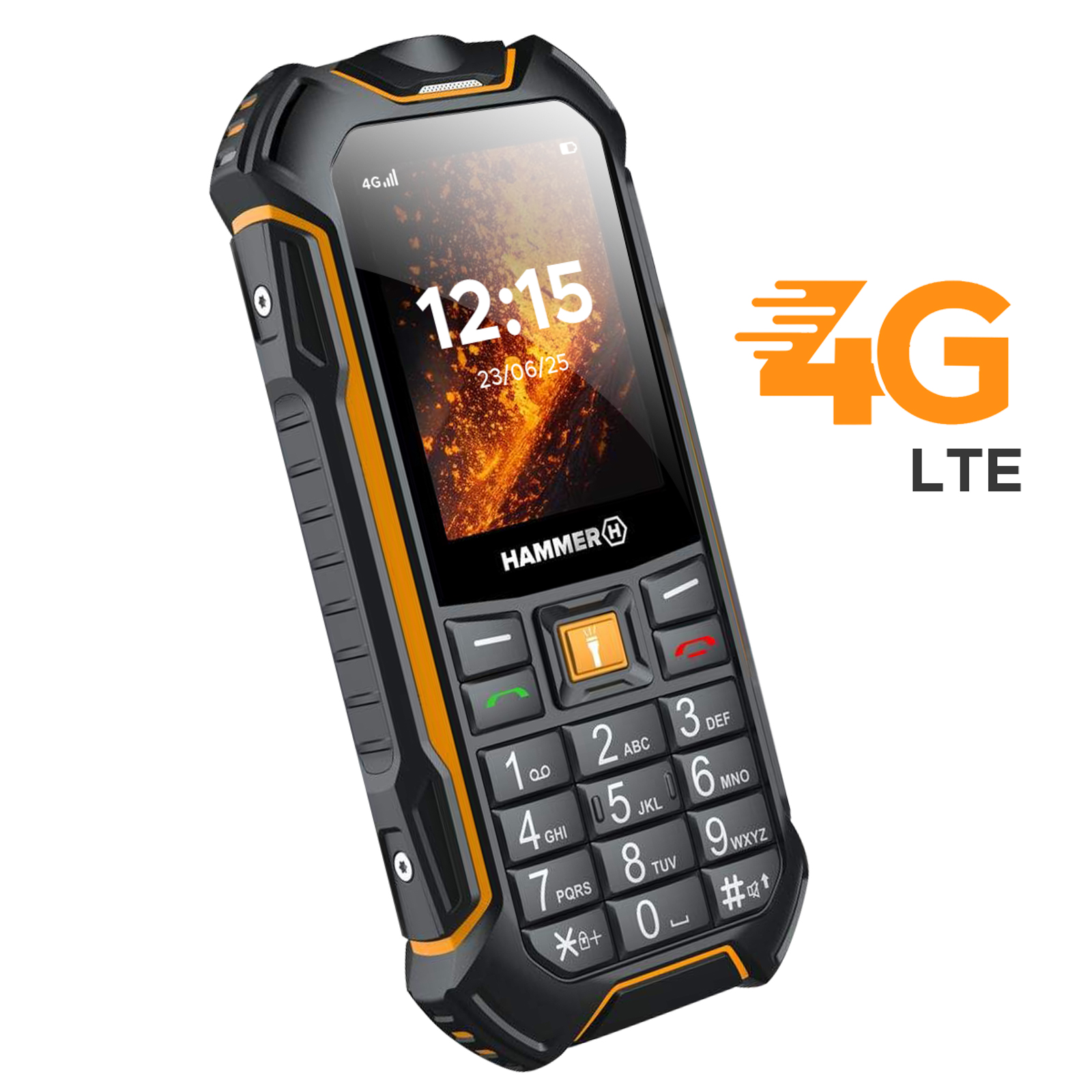 Czarny i pomarańczowy telefon pokazujący godzinę '12:15' i '23/06/25' wraz z tekstem '4G LTE'.