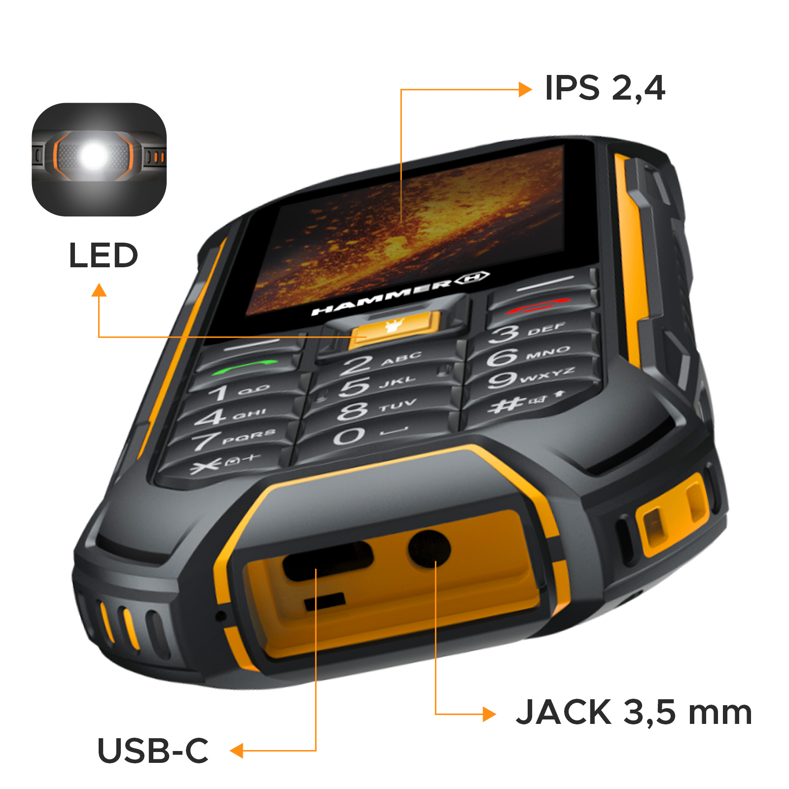 Zbliżenie wytrzymałego telefonu z oznaczonymi funkcjami. Etykiety tekstowe obejmują 'LED', 'USB-C' i 'JACK 3,5 mm'.