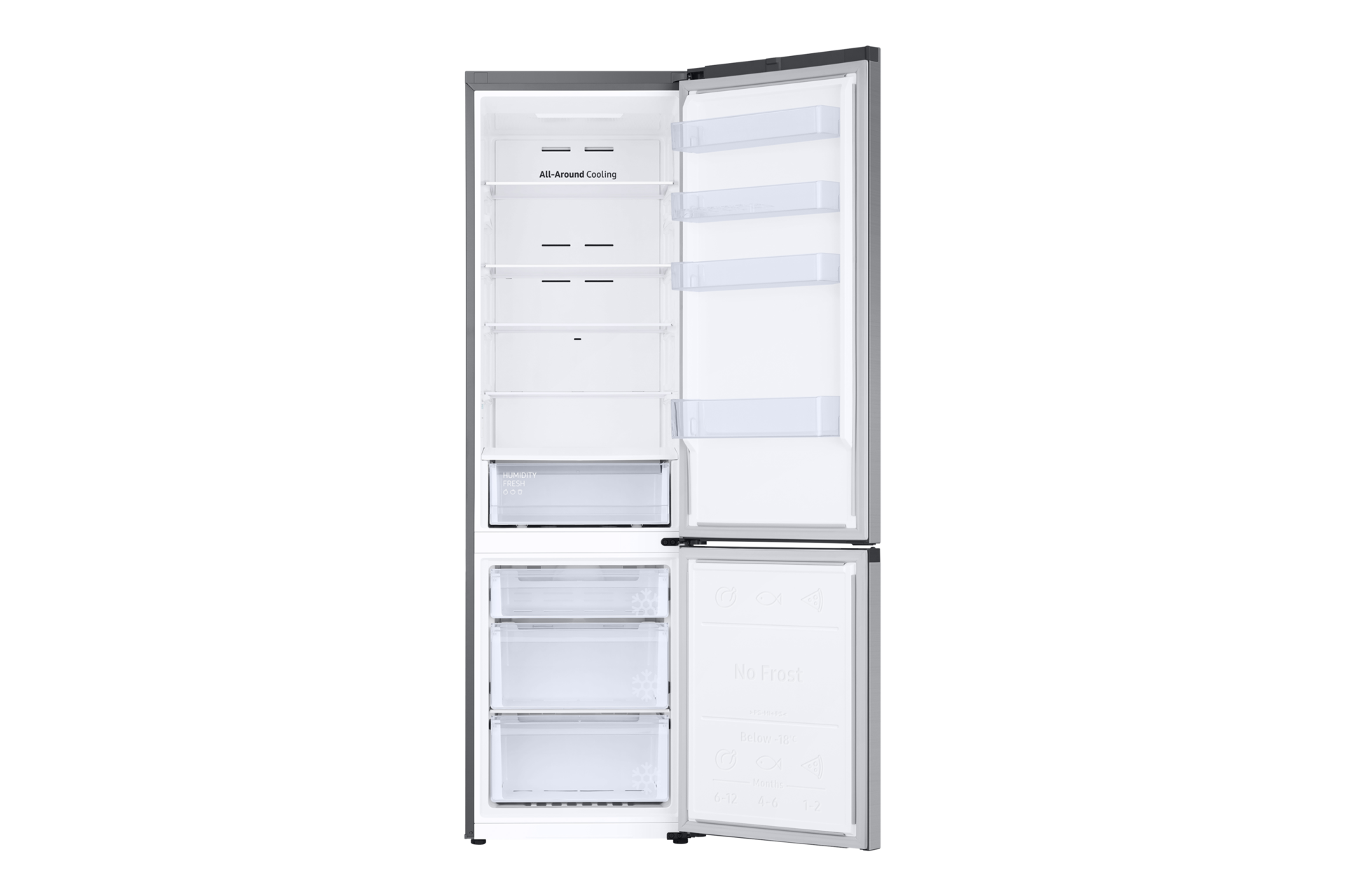 Offener Kühlschrank. Der obere Teil hat Regale, der untere Teil Schubladen. Der Kühlschrank ist silber und weiß.