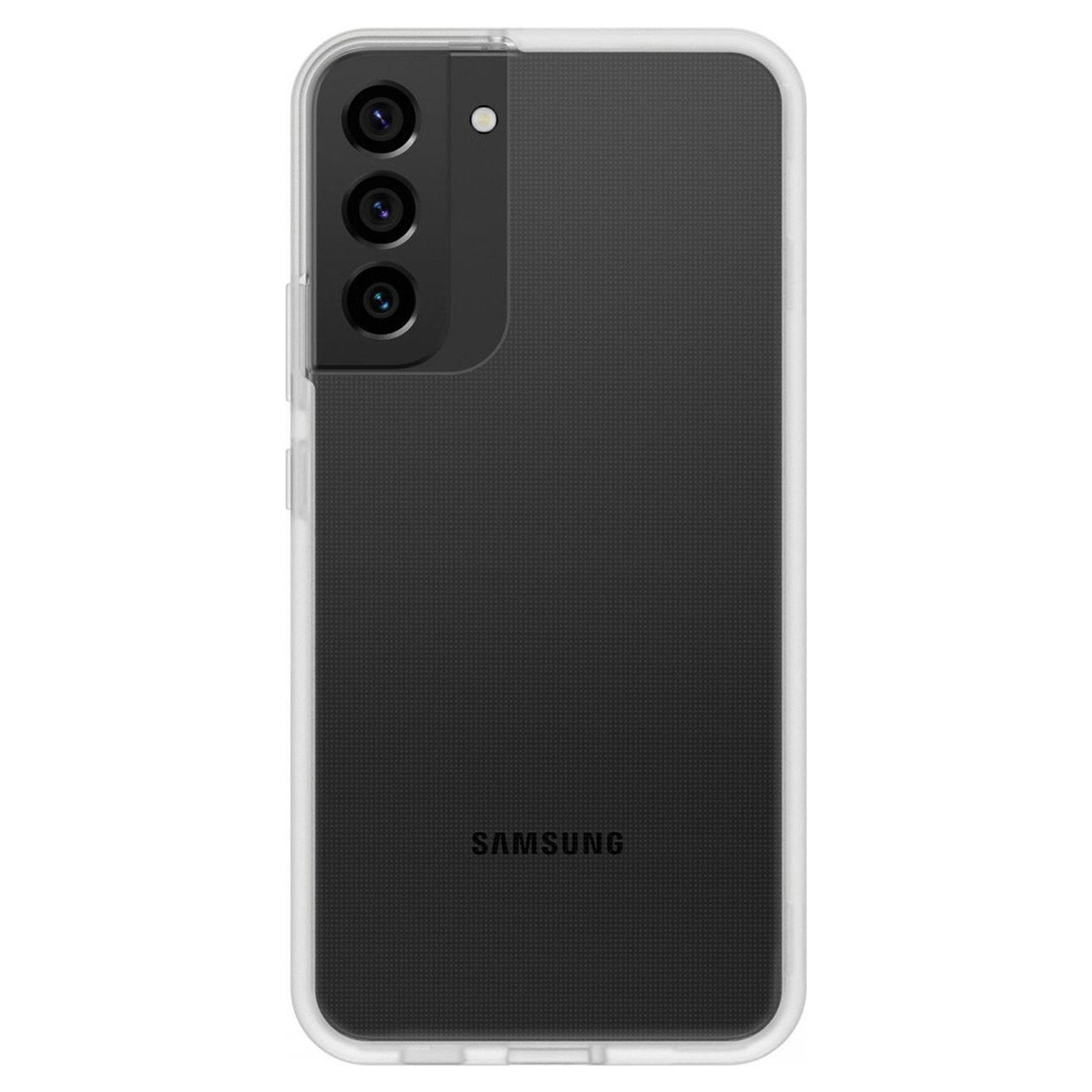Teléfono Samsung negro en una funda transparente. Configuración de triple cámara. Logotipo de Samsung en la parte inferior.