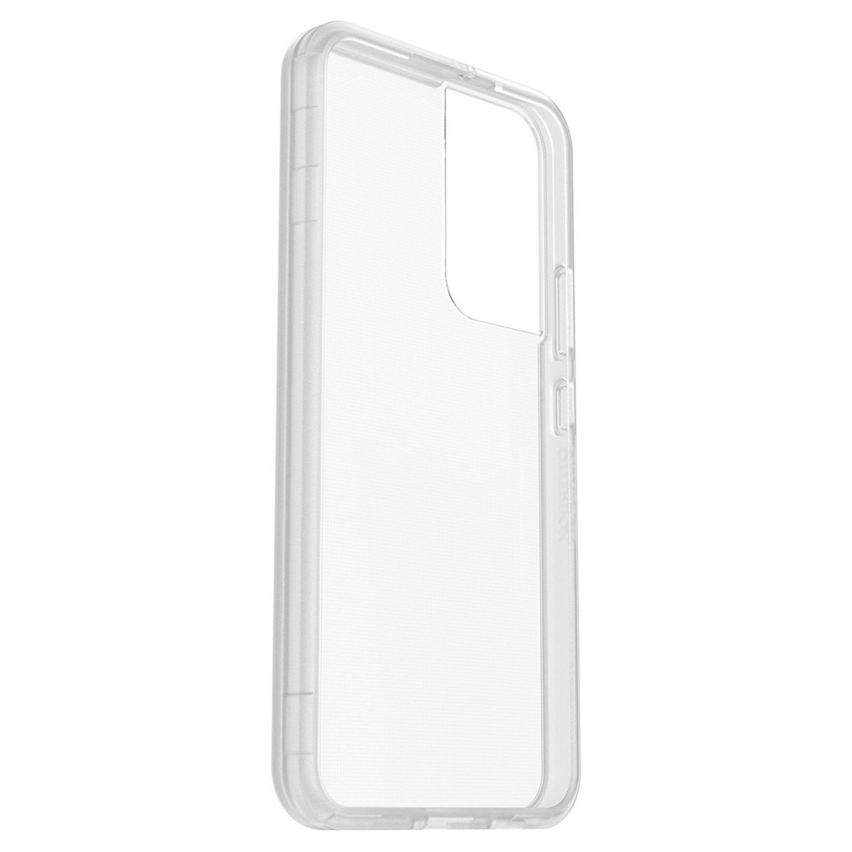 Se muestra una funda transparente para teléfono desde un ángulo lateral. La funda es transparente, con recortes para la cámara y botones.
