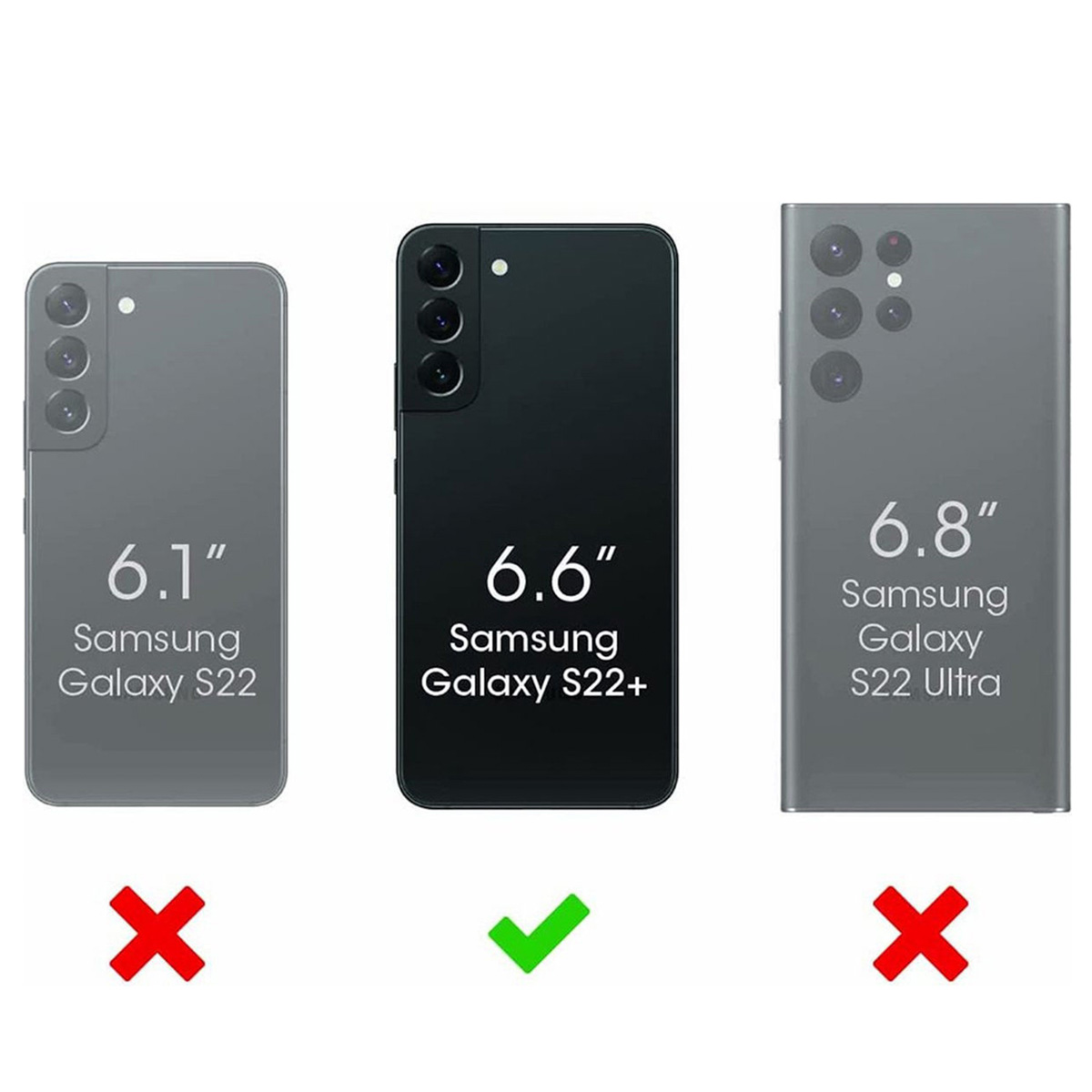 Comparación de tres teléfonos Samsung. Marca verde indica que el Samsung Galaxy S22+ de 6.6" es compatible.