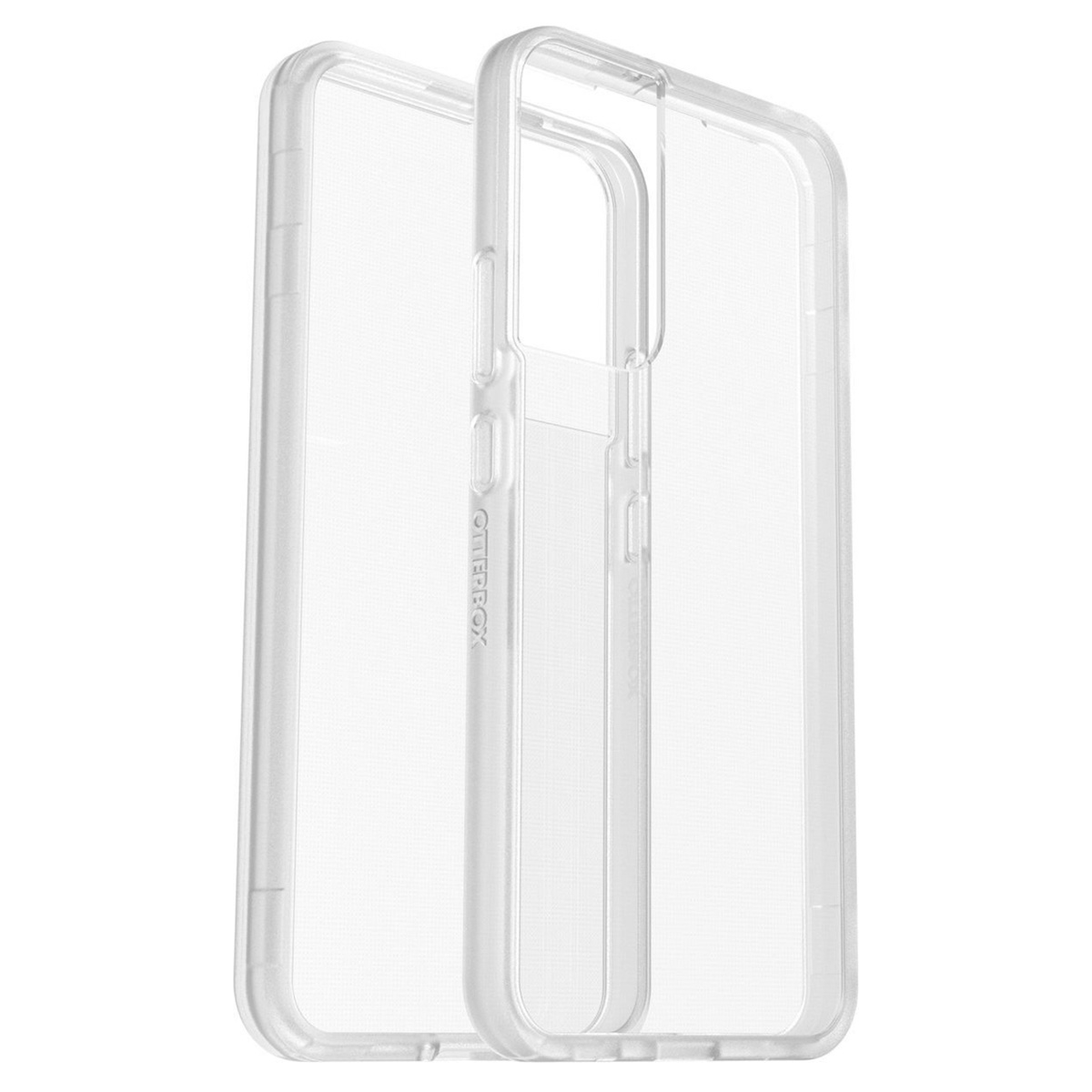 Dos fundas transparentes para teléfono, una abierta. Logo Otterbox. Fondo blanco.