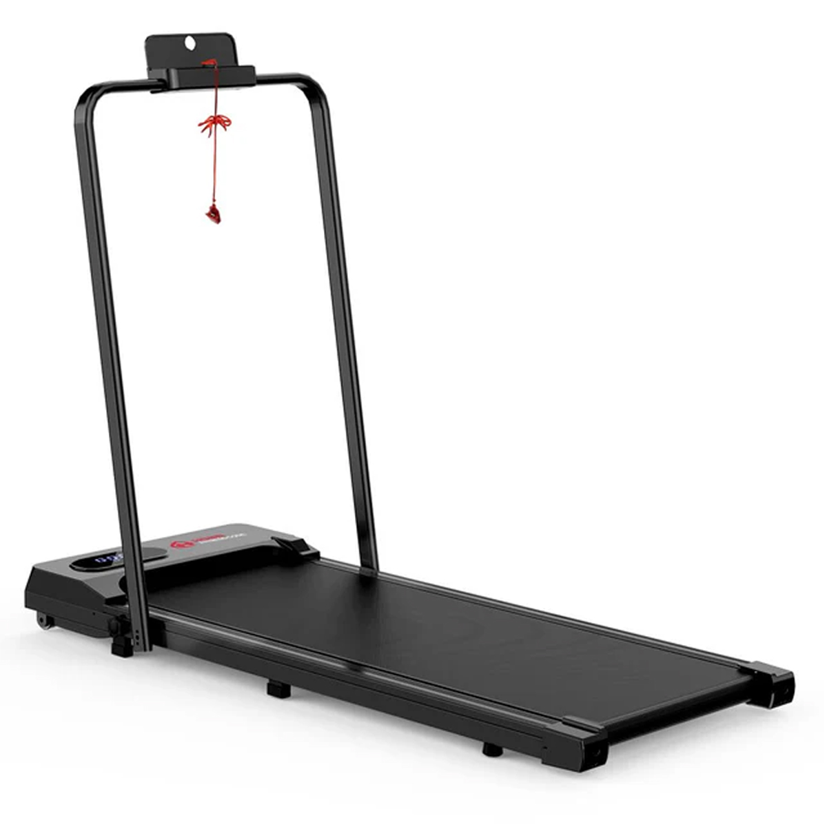 Czarna bieżnia z czerwonym sznurkiem bezpieczeństwa. Pas jest czarny. Białe tło.