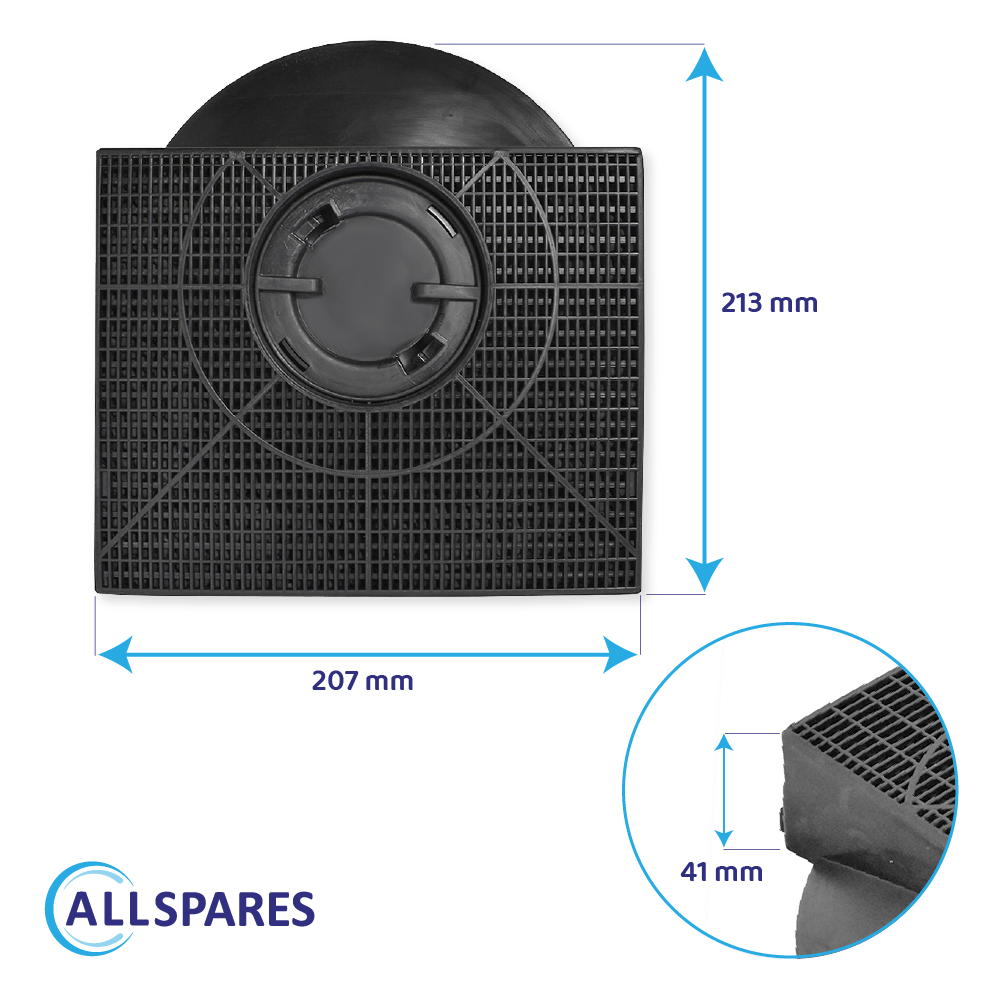 Filtro quadrato nero con motivo circolare all'interno. Dimensioni: 207 mm x 213 mm x 41 mm. Logo ALLSPARE in basso a sinistra.