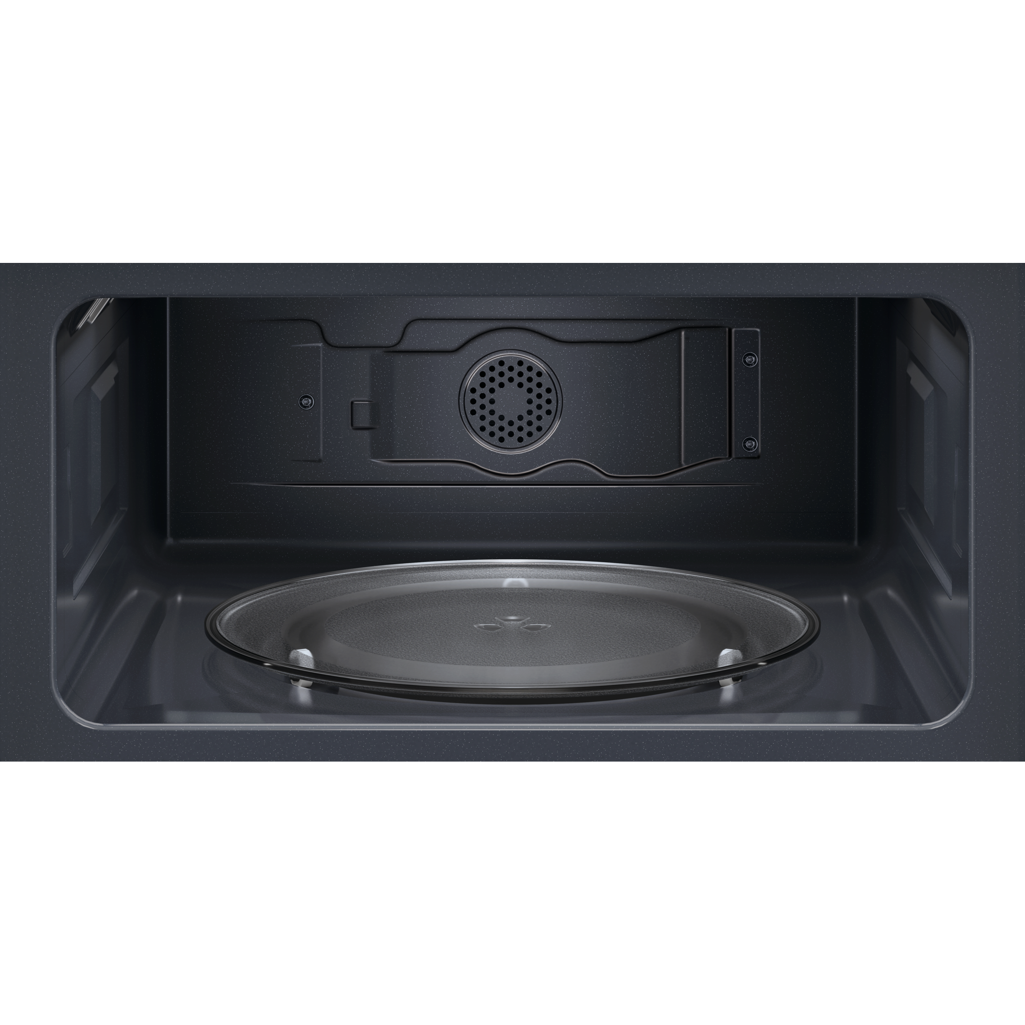 Dentro de un microondas negro, un plato de vidrio. Interior gris oscuro, con ventilación circular.