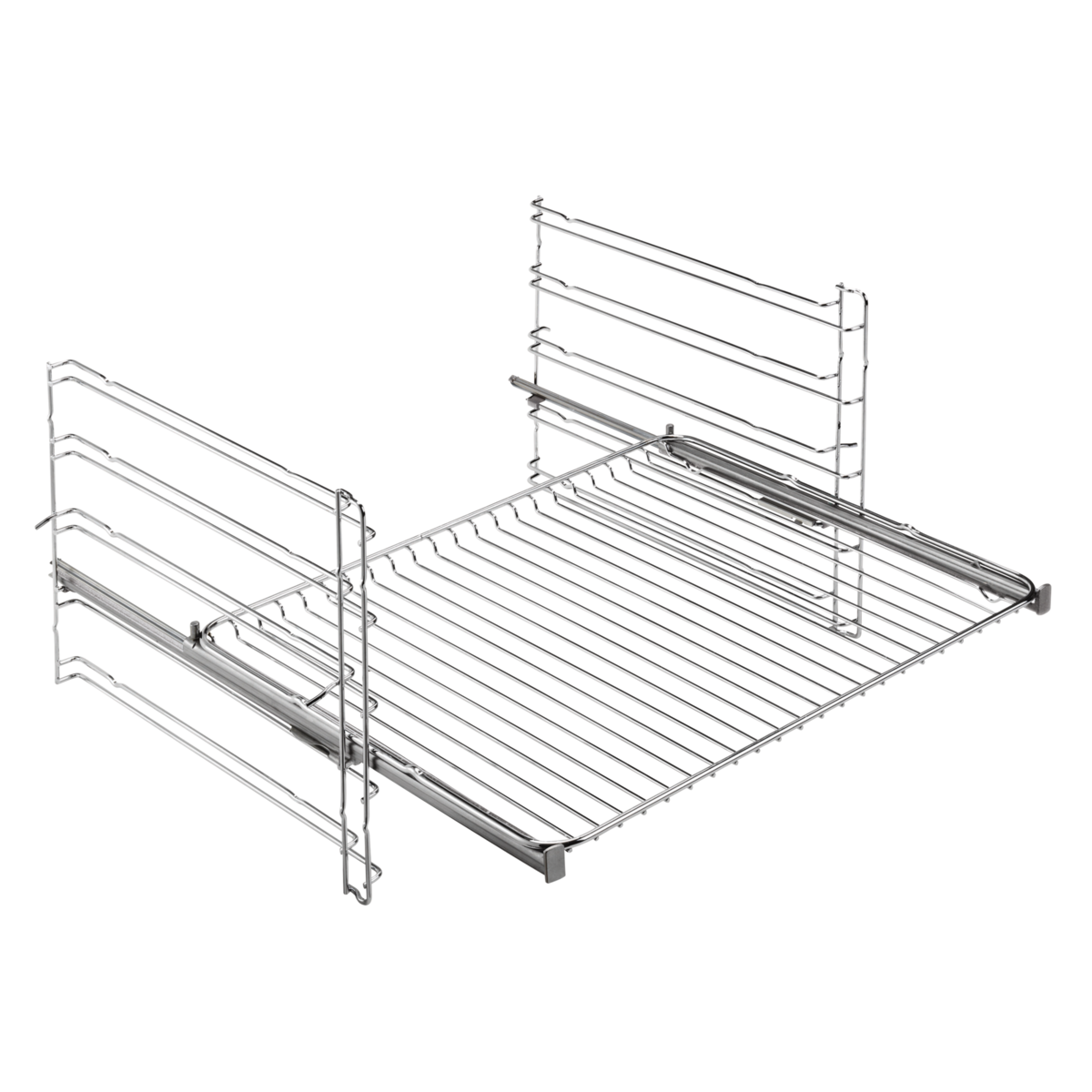 Metalowy ruszt na czarnym tle. Posiada boczne szyny i siatkową podstawę, przeznaczony do użytku w piekarniku.