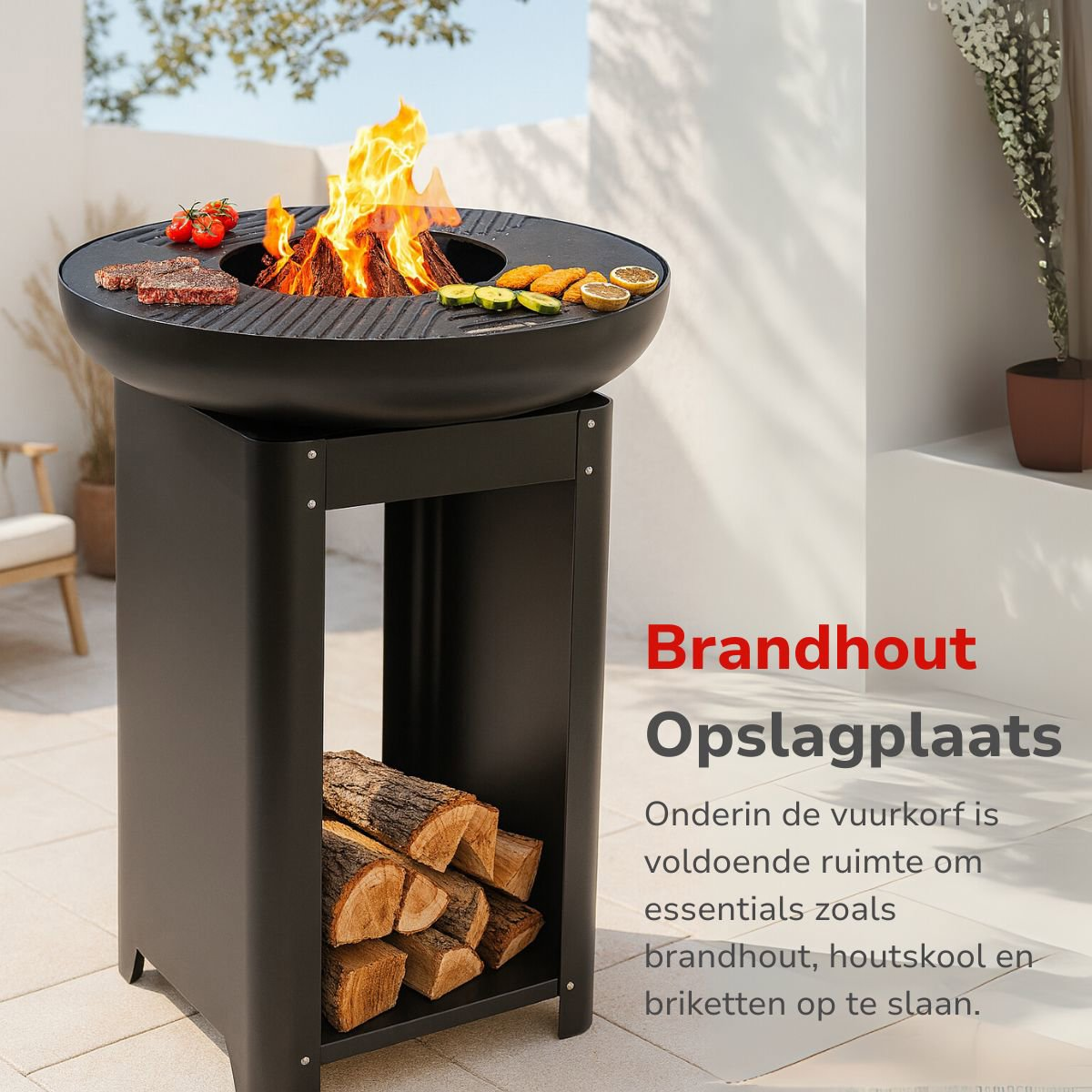 Un barbecue noir avec du feu, de la nourriture et un stockage du bois. Le texte traite du stockage du bois de chauffage, du charbon de bois et des briquettes.