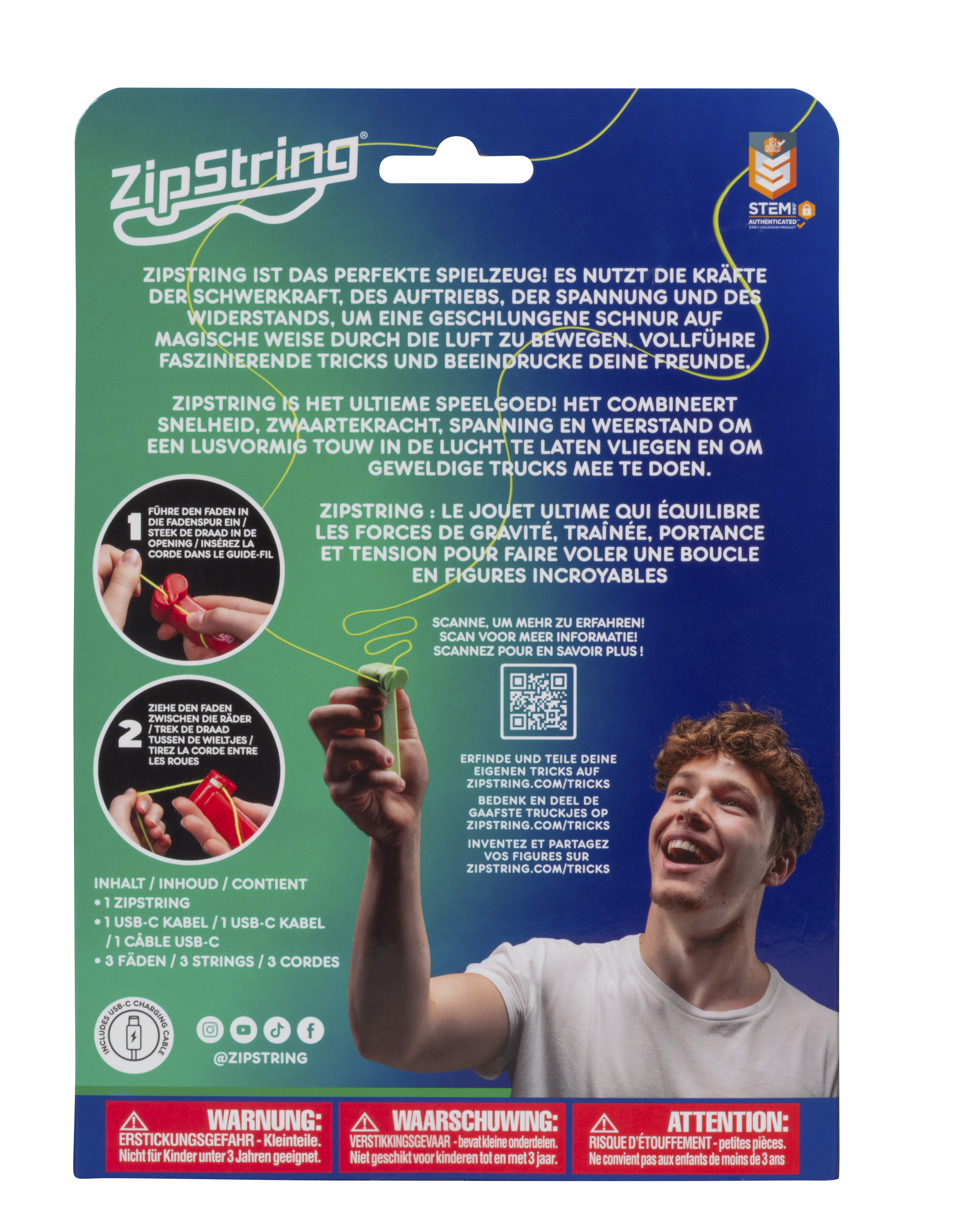 Die Rückseite einer ZipString-Spielzeugbox. Sie zeigt Anweisungen, einen Jungen mit dem Spielzeug und einen Warnhinweis.