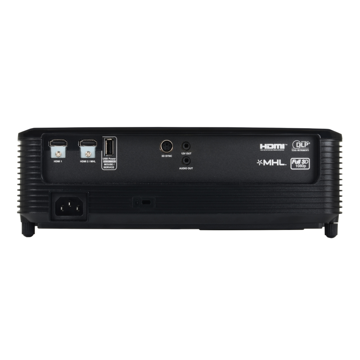 Tył czarnego projektora z portami HDMI, USB, audio i wejściem zasilania. Logo: HDMI, DLP, MHL i Full 3D 1080p.