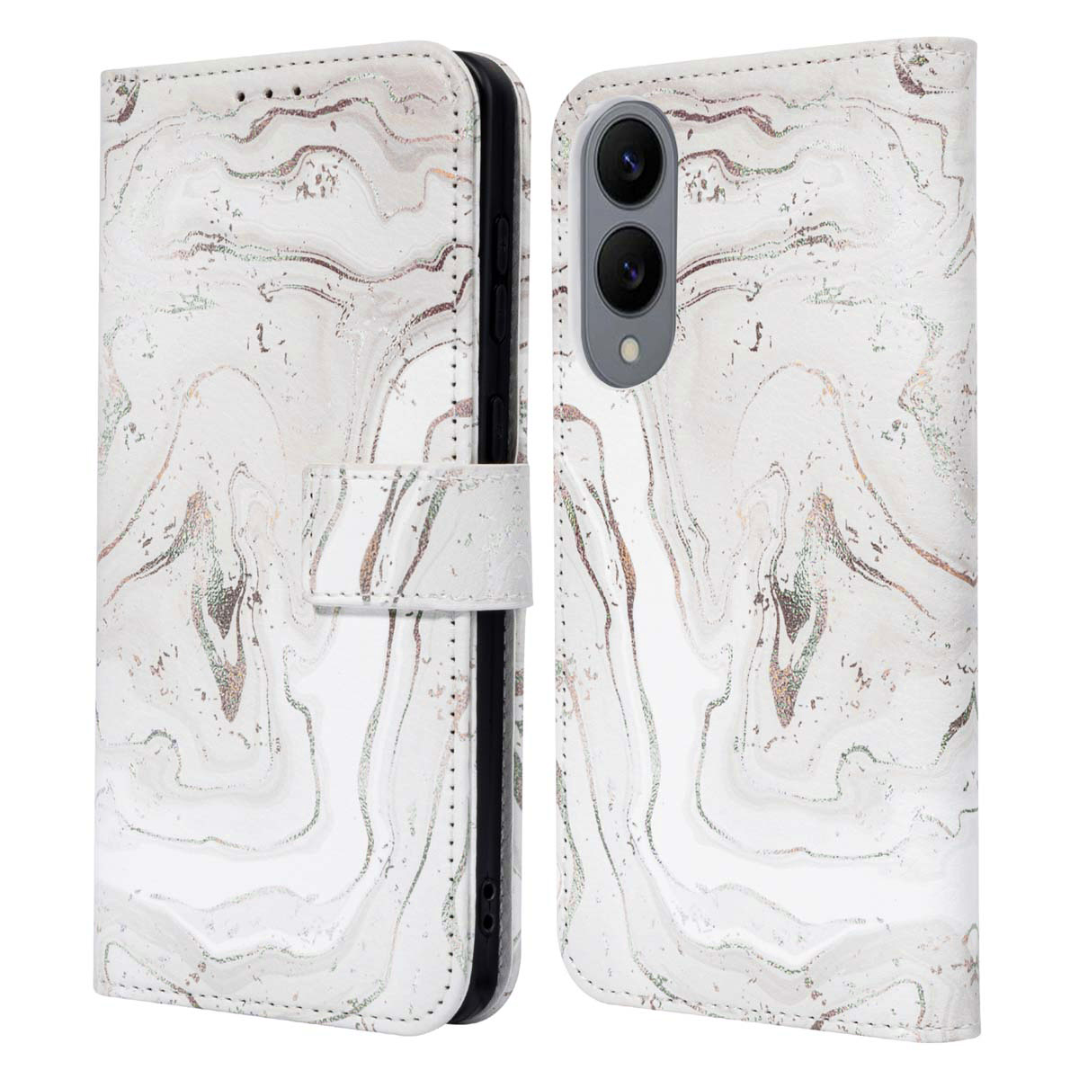 Witte marmeren telefoonhoes met zilveren en gouden aderen, open en toont telefoon. Met magnetische sluiting.