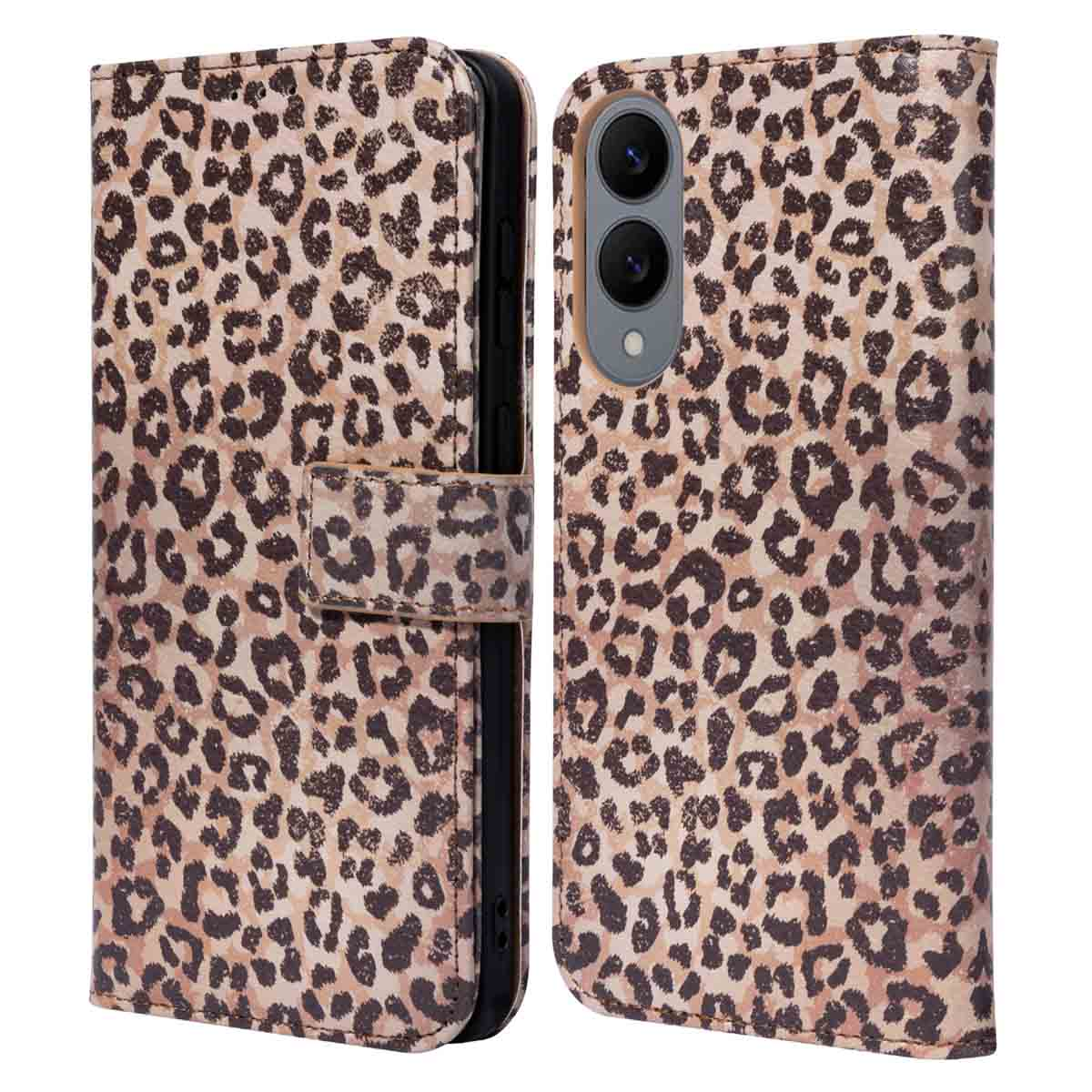 Telefoonhoes met luipaardprint, open en toont telefoon. Met magnetische sluiting. Bruine en zwarte vlekken.