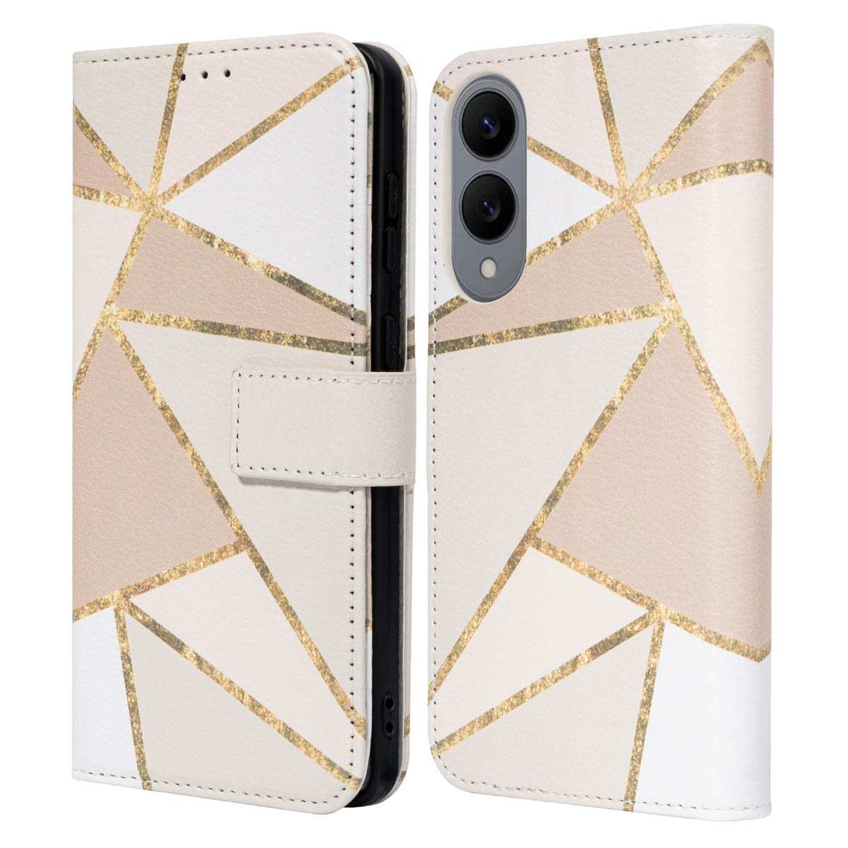 Een telefoonhoesje met een geometrisch patroon in beige en goud is open en toont een telefoon.