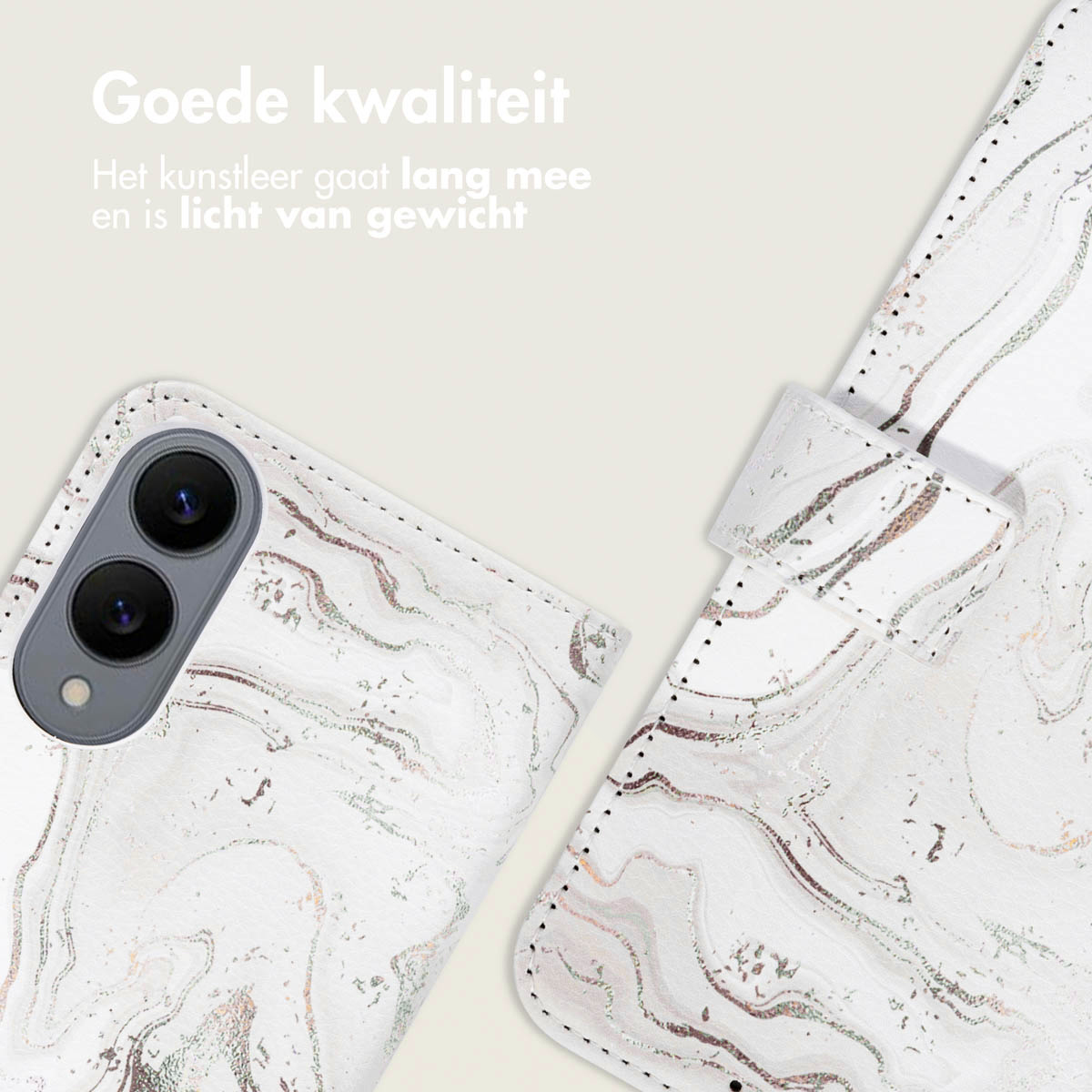 Close-up van een witte marmeren telefoonhoes, open. Nederlandse tekst: 'Goede kwaliteit'.