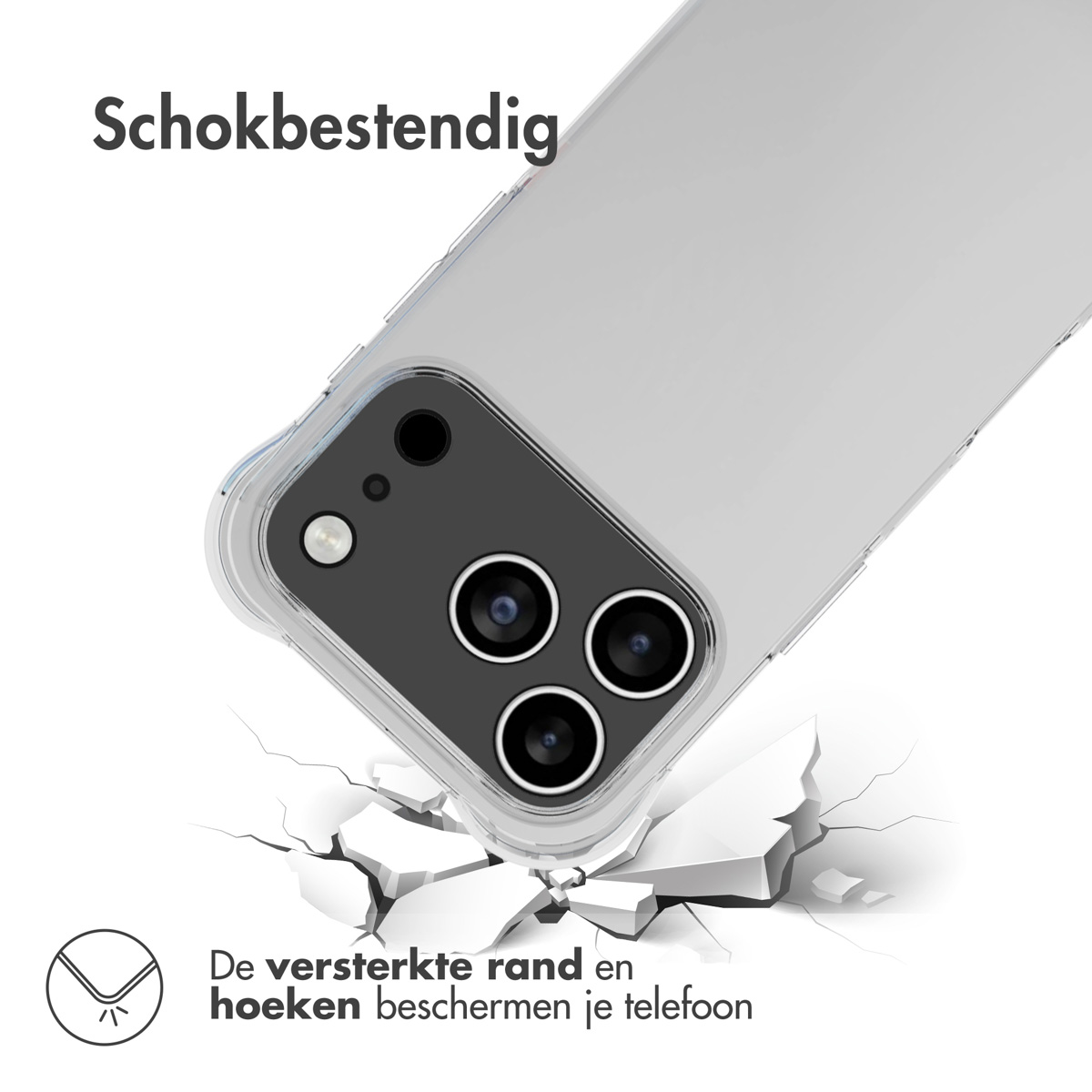 Una custodia trasparente per telefono viene mostrata mentre cade e rompe una superficie. La fotocamera del telefono è visibile.