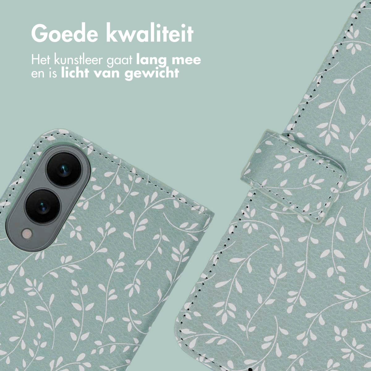 Gros plan d'une coque de téléphone avec un motif floral blanc sur fond bleu-vert.