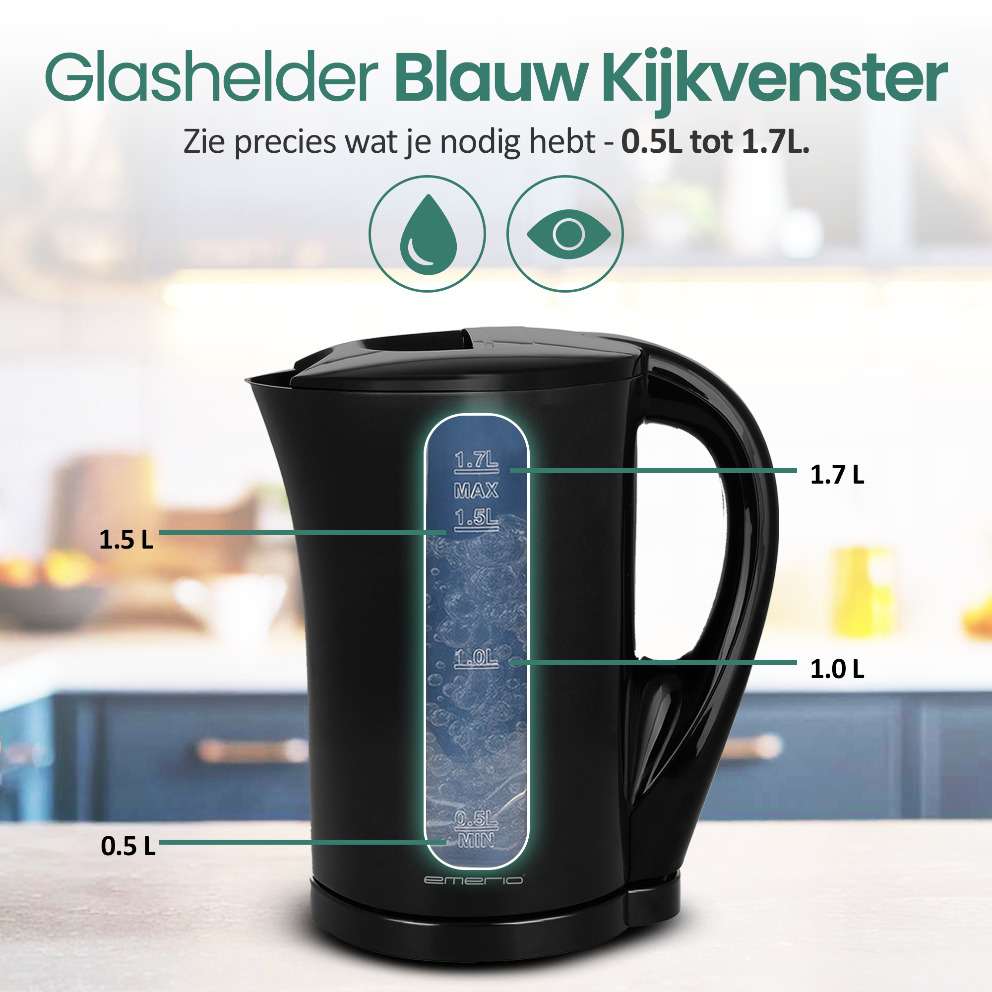 Zwarte elektrische waterkoker met blauwe waterniveau-indicator. Markeringen tonen de capaciteit.