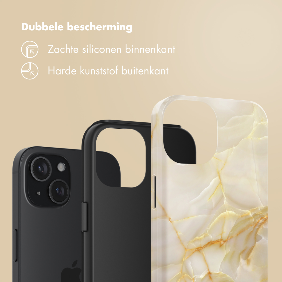 Drie telefoonhoesjes. Eén zwart, één zwart en één met wit marmerpatroon.
