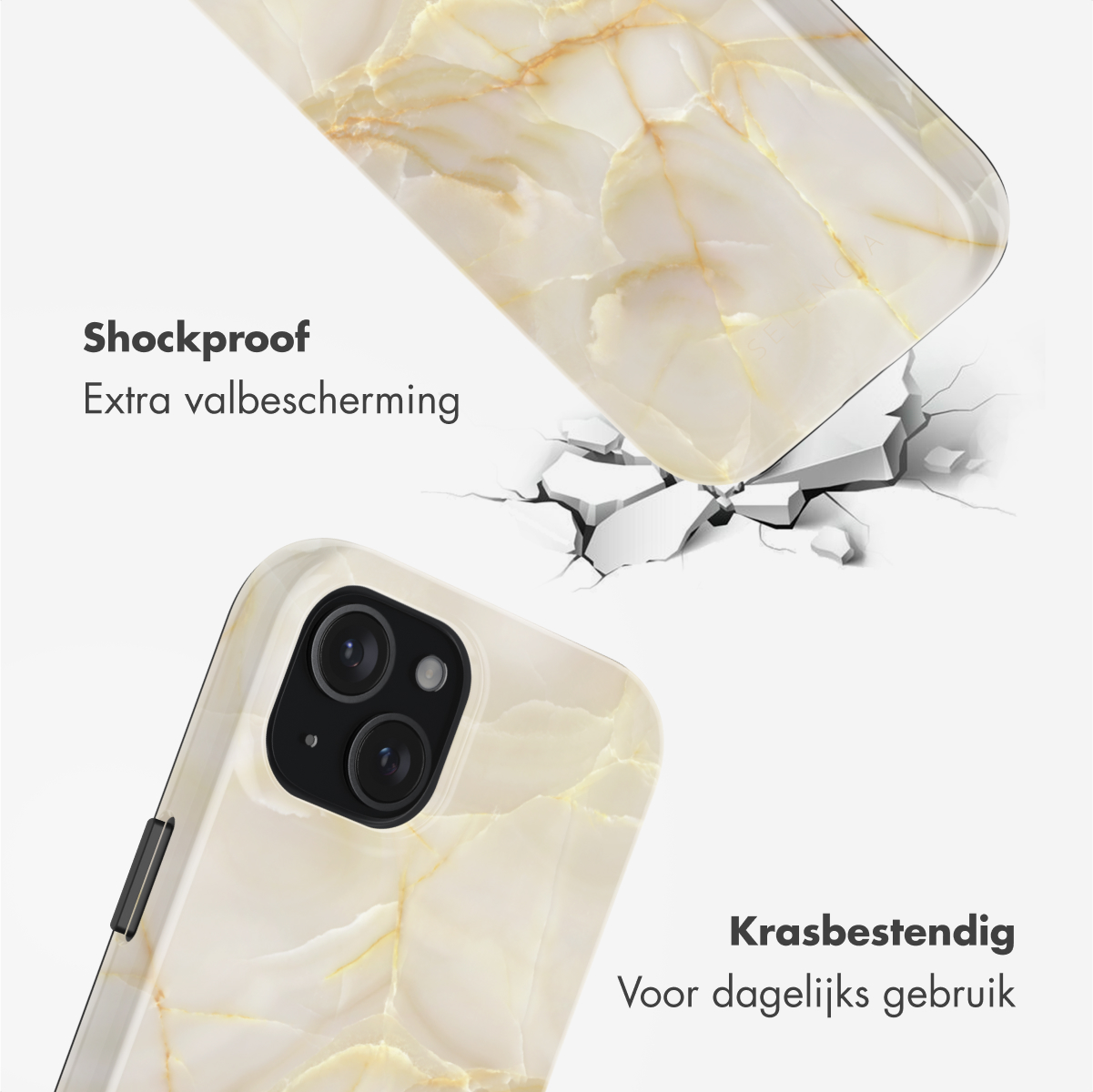 Telefoonhoesjes. Eén heeft een marmerontwerp, met scheuren. De andere heeft een marmerontwerp.