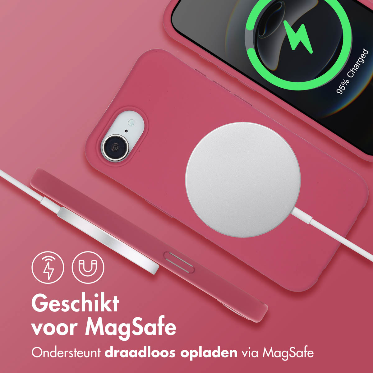 Eine pinke Handyhülle mit Telefon und Ladegerät. Zeigt kabelloses Laden über MagSafe. Das Telefon lädt mit 95%.